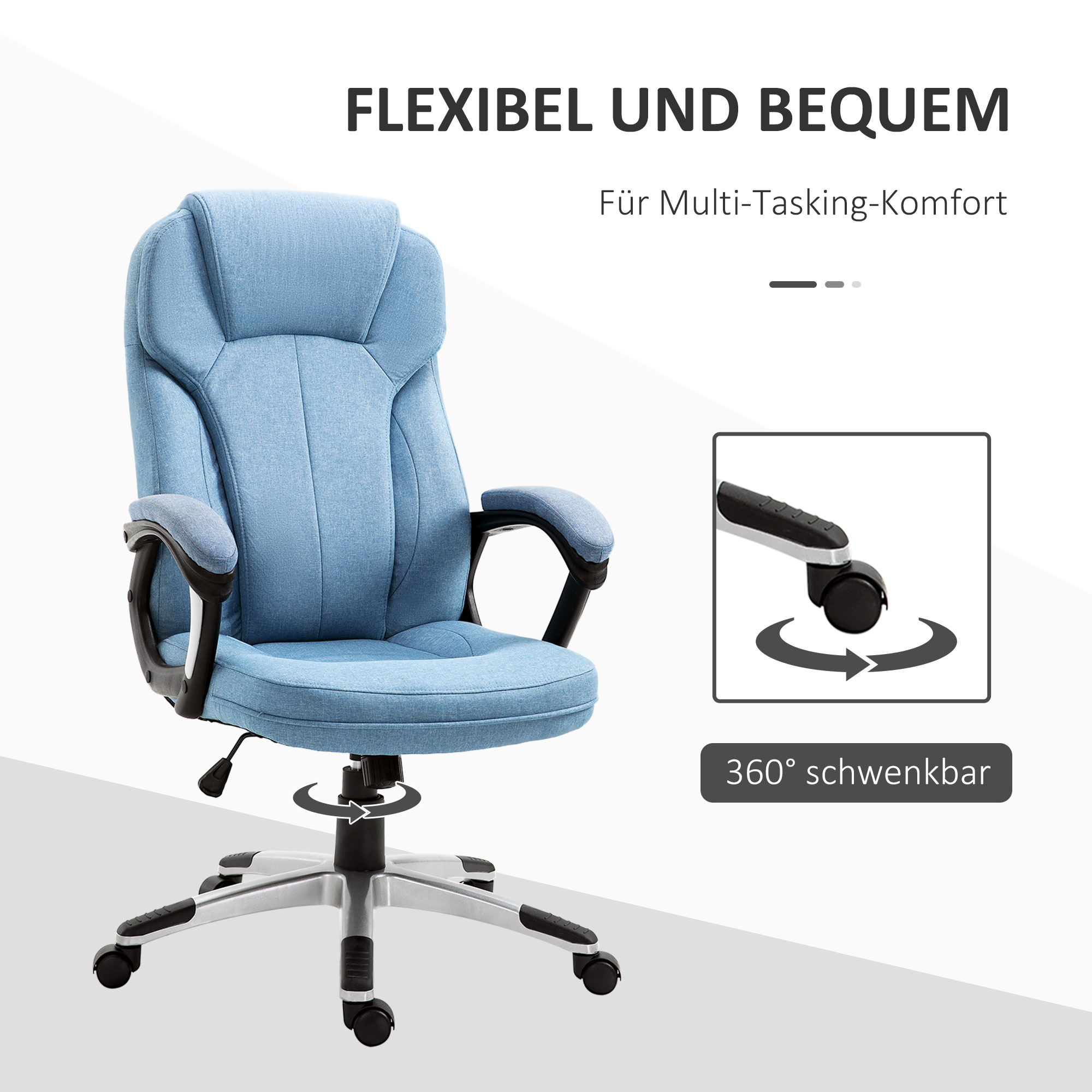 Bürostuhl Computerstuhl Drehstuhl höhenverstellbar Wippfunktion mit Kopfstütze und gepolsterte Armlehnen Ergonomisch Hellblau Leinen 66 x 75 x 110-120 cm