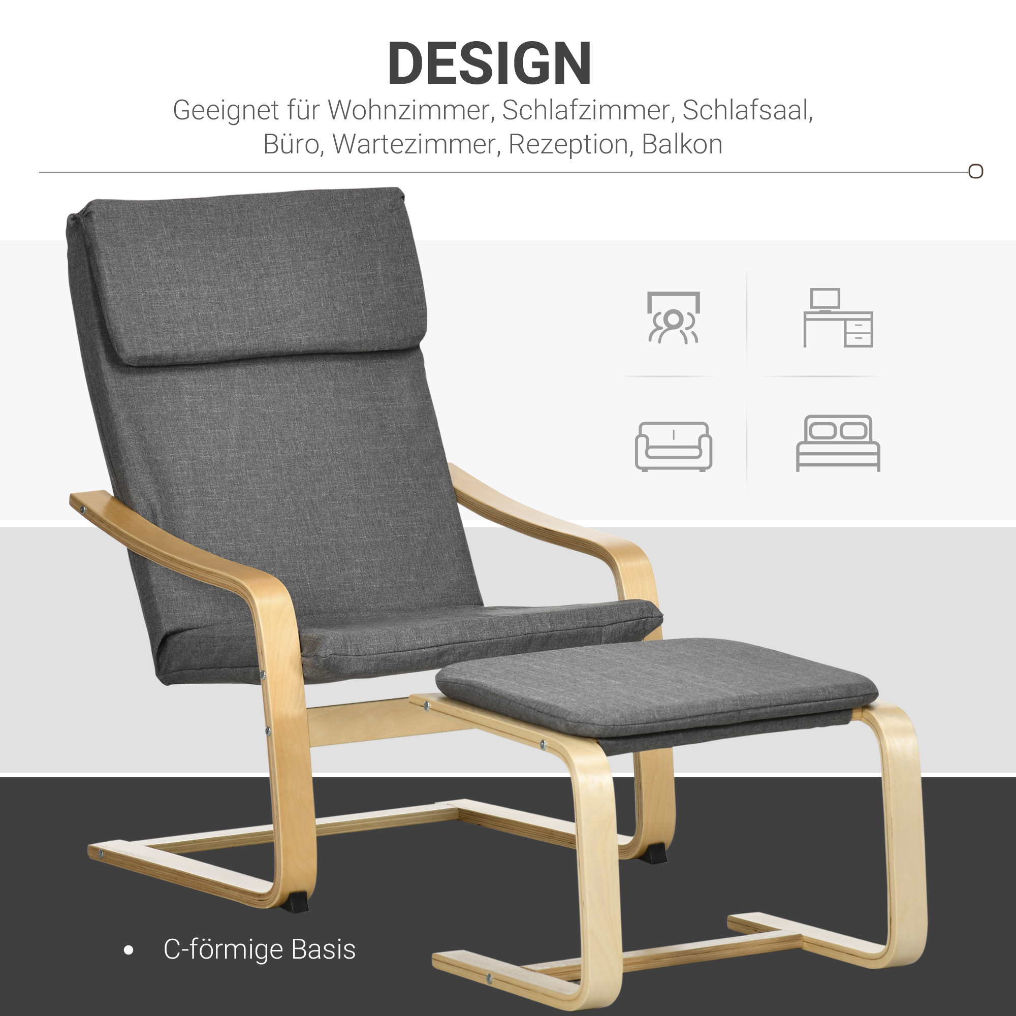 Sessel mit Fußhocker, Sessel-Set, bis 120 kg, Leinenoptik, Massivholz, Grau + Natur, 66,5 x 80 x 99 cm