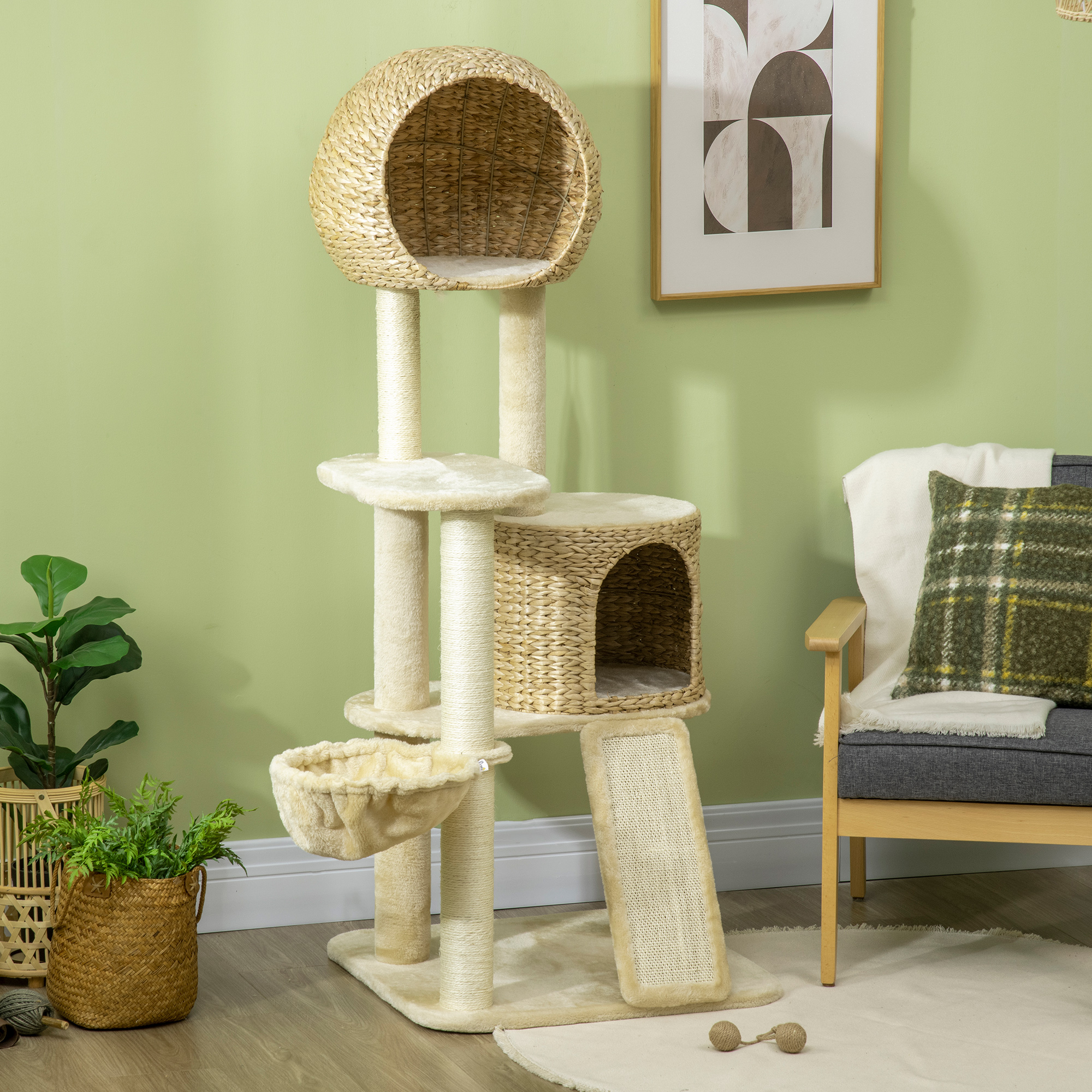 Kratzbaum, mit Katzenhaus, mehrere Plattformen, Hängematte, Kratzmatte, Kippschutz, beige, 60 x 60 x 150cm
