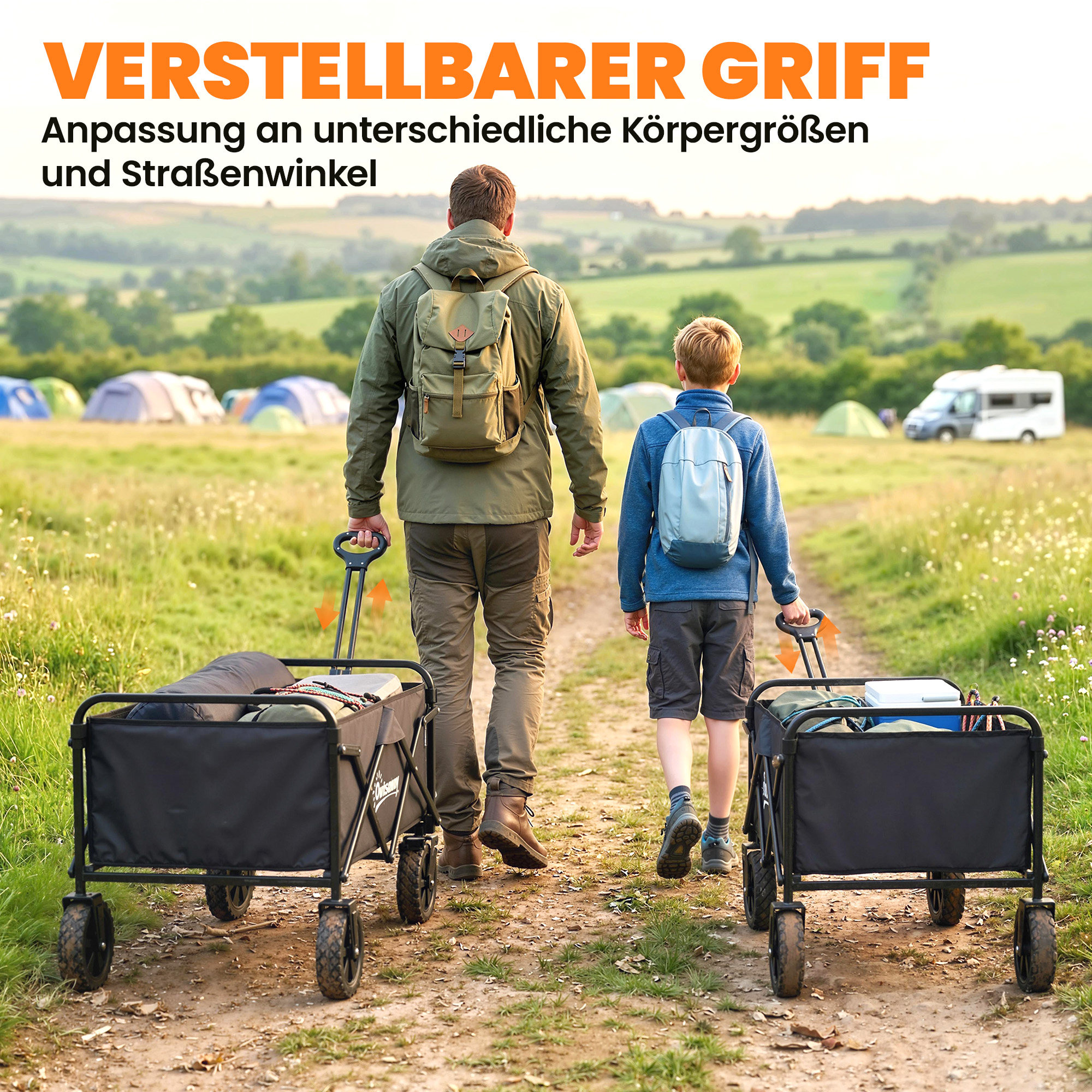 Bollerwagen faltbarer Handwagen Gartenwagen Transportwagen mit Griff Verstellbarer Griffhöhe Getränkehalter Schwarz