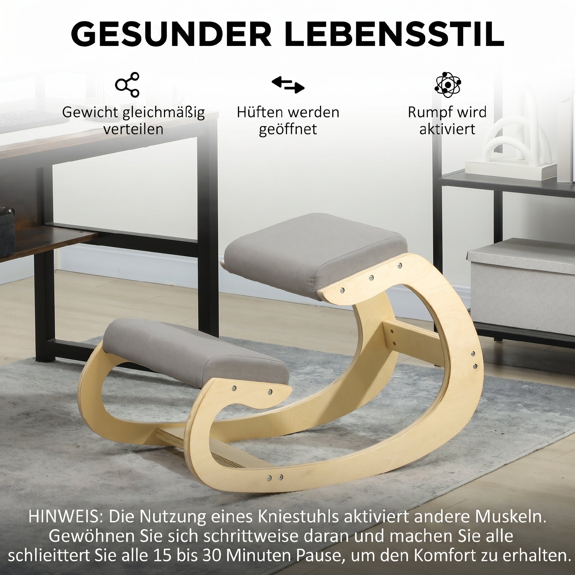Ergonomischer, schaukelnder Kniehocker für Homeoffice, zur Verbesserung der Körperhaltung, Hellgrau