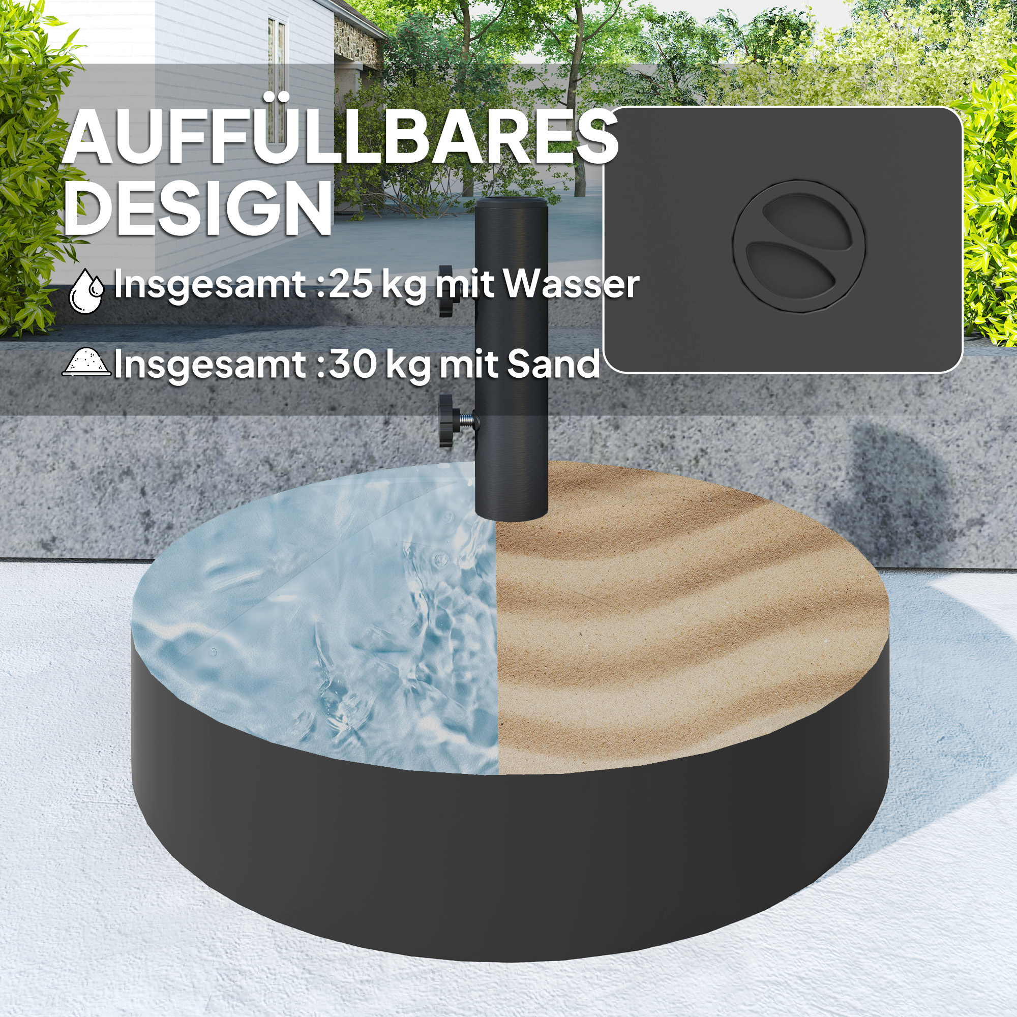 Sonnenschirmständer bis 30 kg befüllbar Schirmständer Rund Schirmhalter für Sonnenschirm 36/38/48mm Schwarz