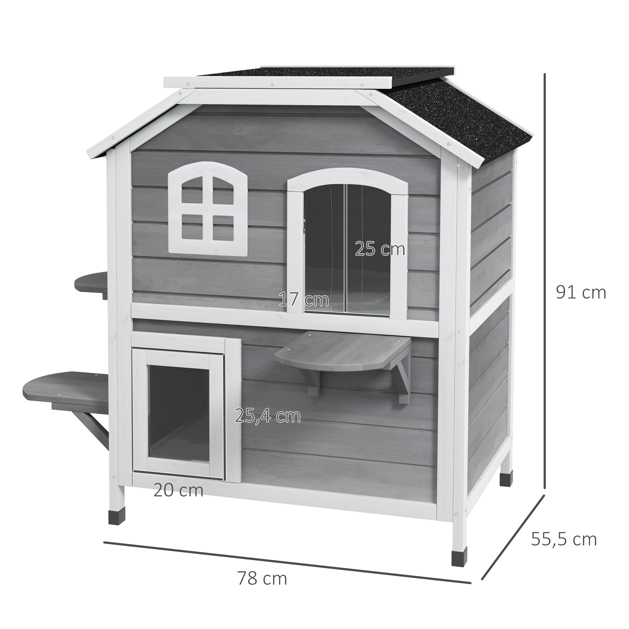 Katzenhaus aus Holz 2-Etagen Winterfest wasserdicht Katzenhütte mit Asphaltdach klappbarem Deckel Treppe Katzenhöhle Outdoor Schutzhütte für Draußen Garten Balkon 99,5 x 76 x 91 cm Grau