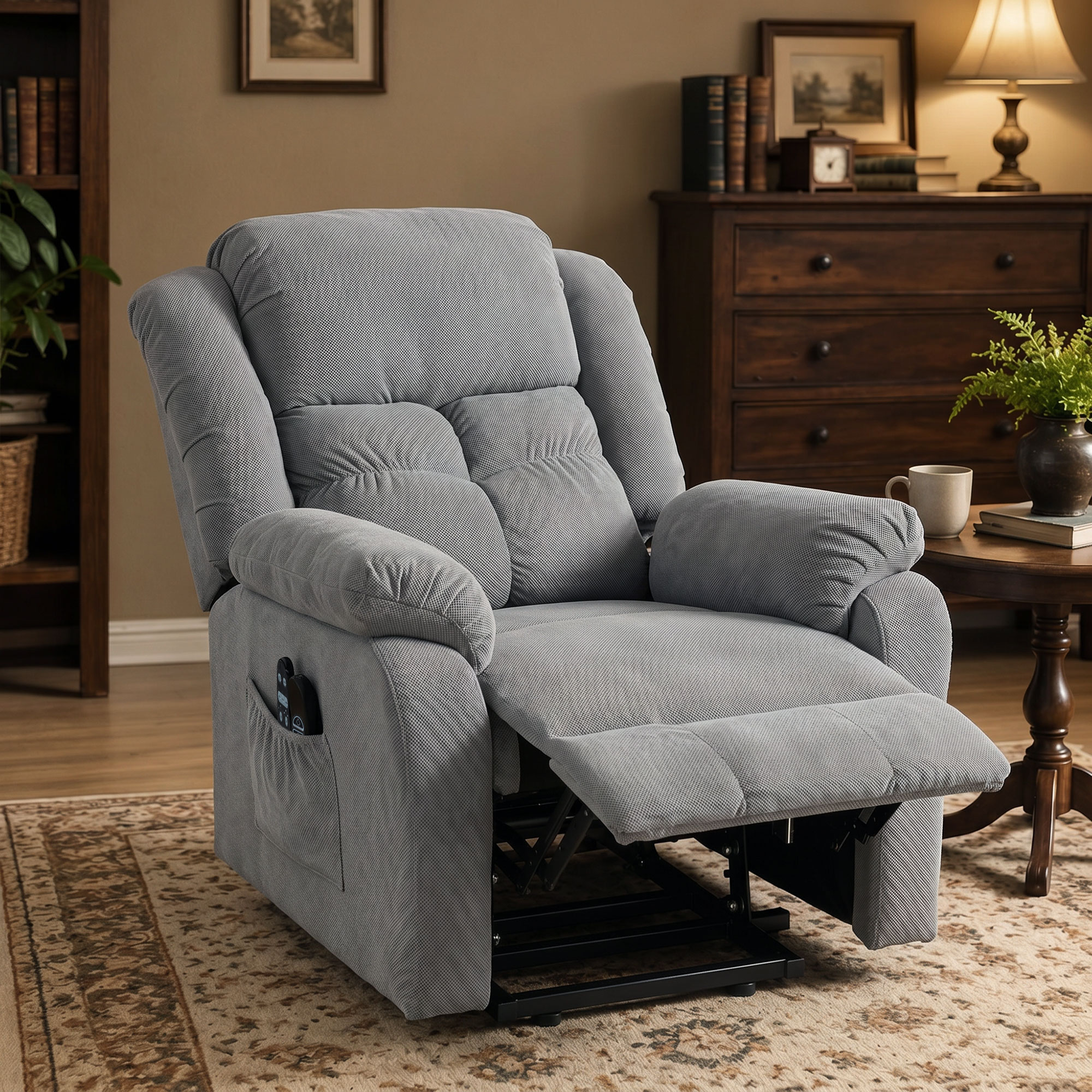 Aufstehsessel mit Massagefunktion und Lendenheizung, Recliner-Sessel mit Fernbedienungen und Seitentaschen, Hellgrau