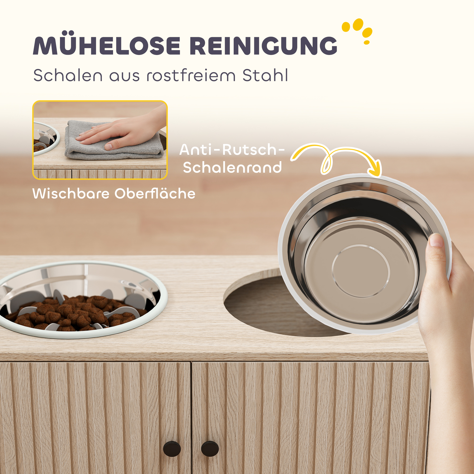 Hundefutterstation mit 2 Edelstahl-Näpfen, Schrank für Utensilien, für große Hunde, Zubehör, Holz