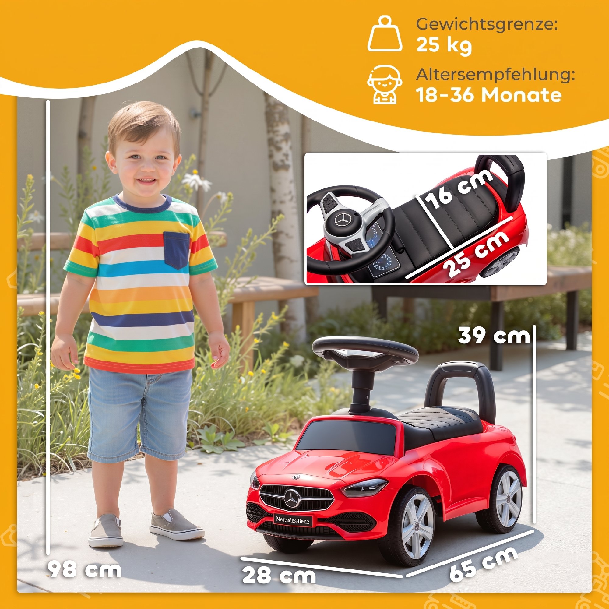 Mercedes-Benz C-Class Rutschauto mit Hupe, Motorgeräuschen, Stauraum, für Kinder 18-36 Monate, Rot
