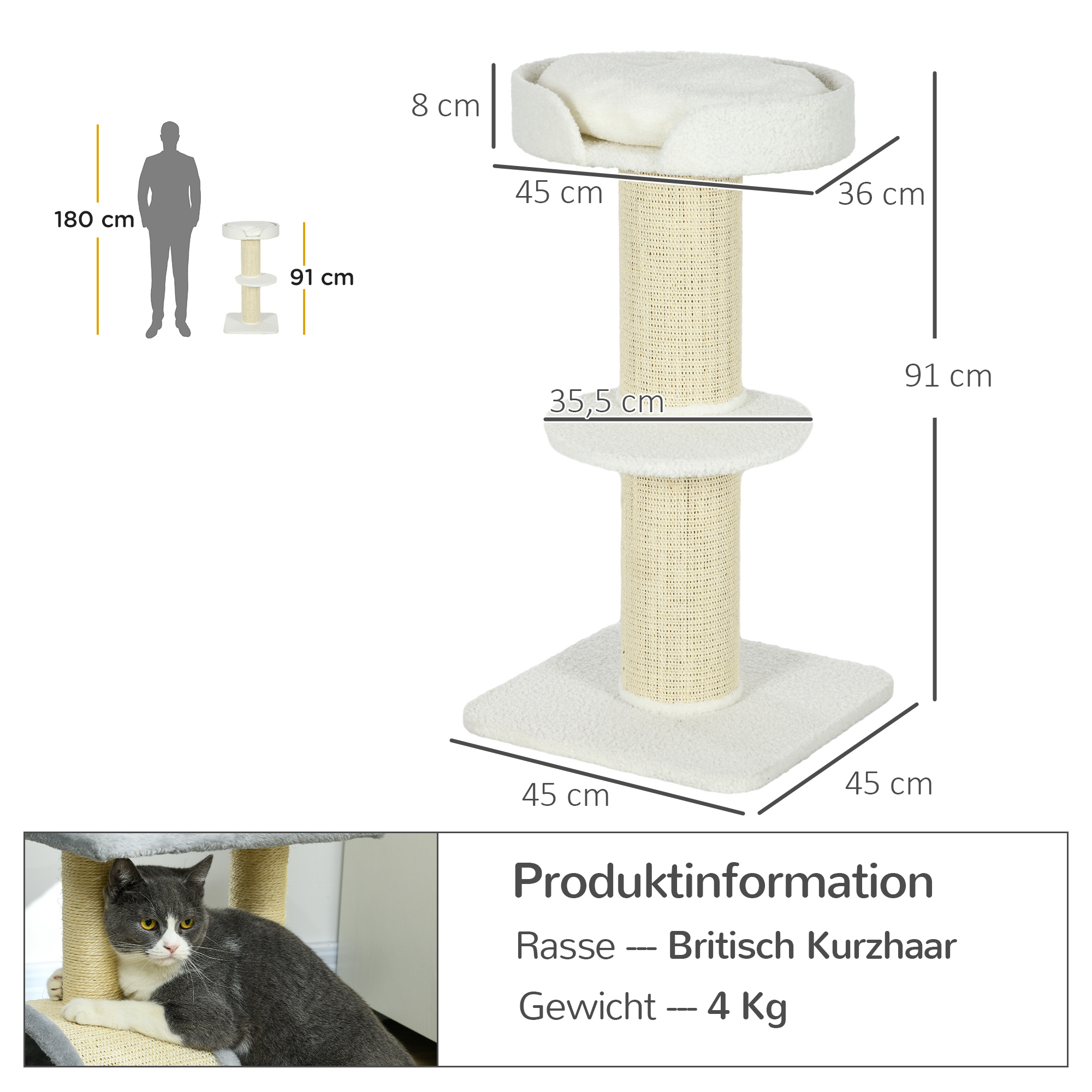 Katzenbaum  91cm Spielbaum mit Katzenbett, Plattform Lammwolle Creme