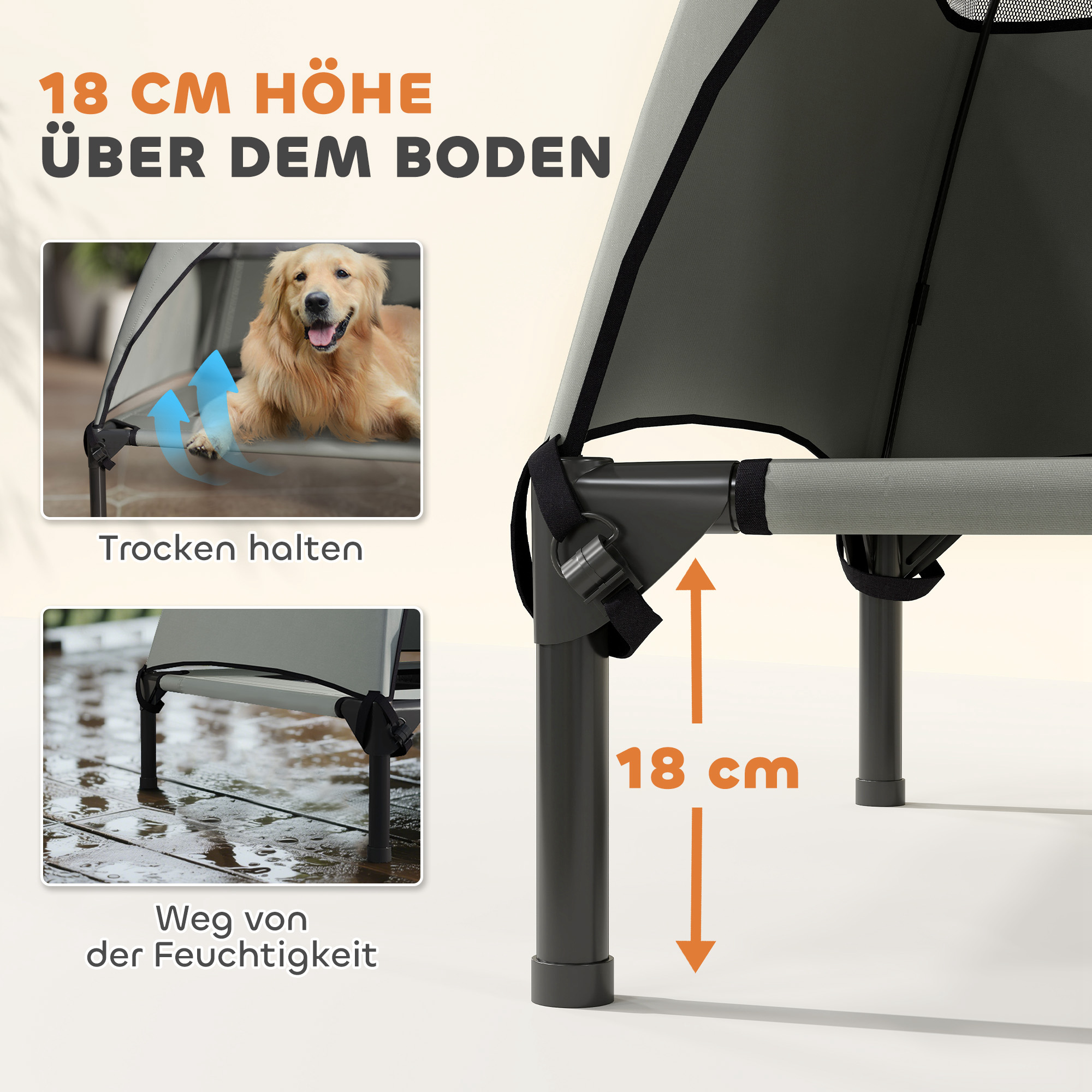 Hundeliege Outdoor mit Dach, Erhöhtes Hundebett für Große Hunde, 106 x 76 x 99 cm, Hellgrau