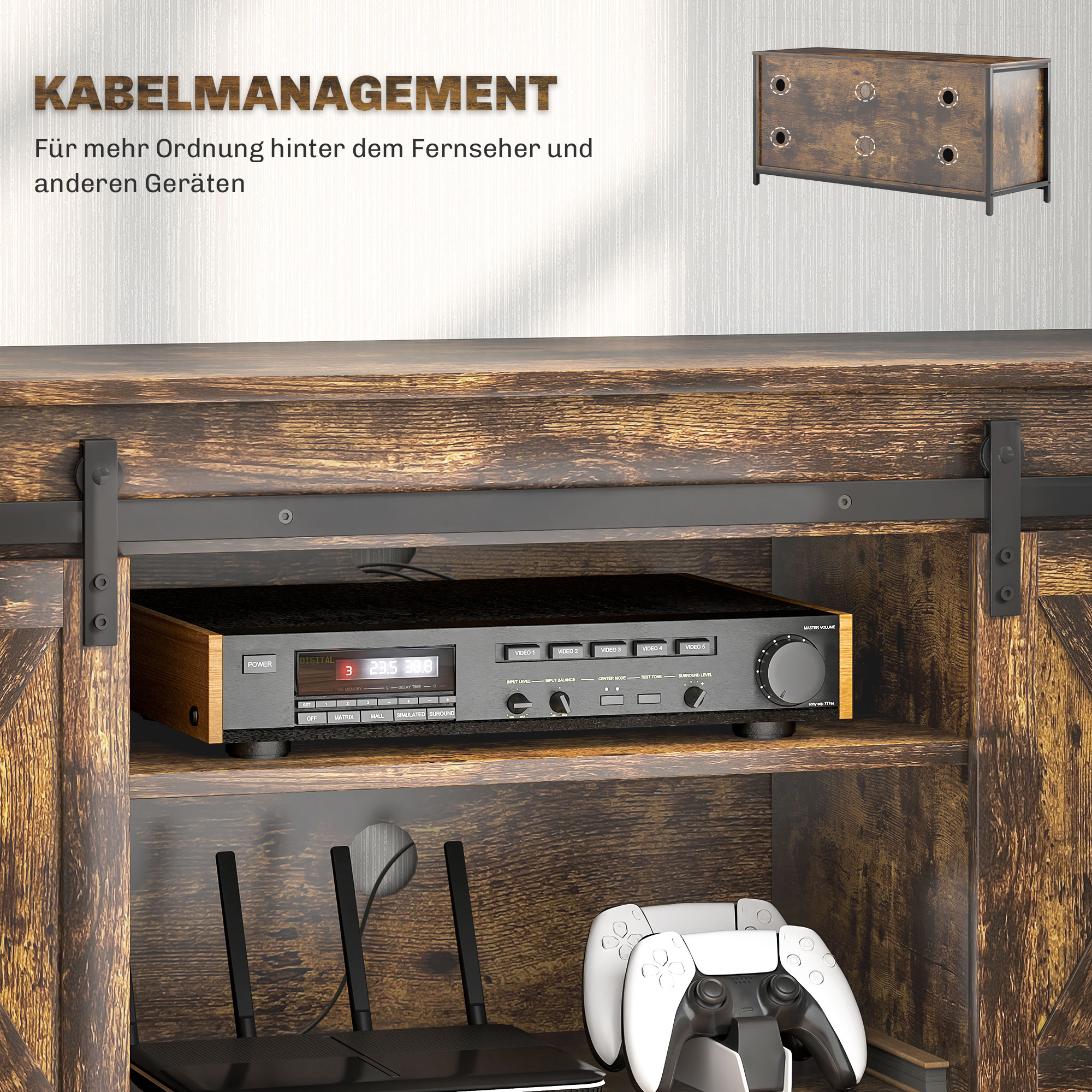 TV Lowboard, Industrial Design, für 60'' TVs, 6 Fächer, 2 Schiebetüren, Braun/Schwarz