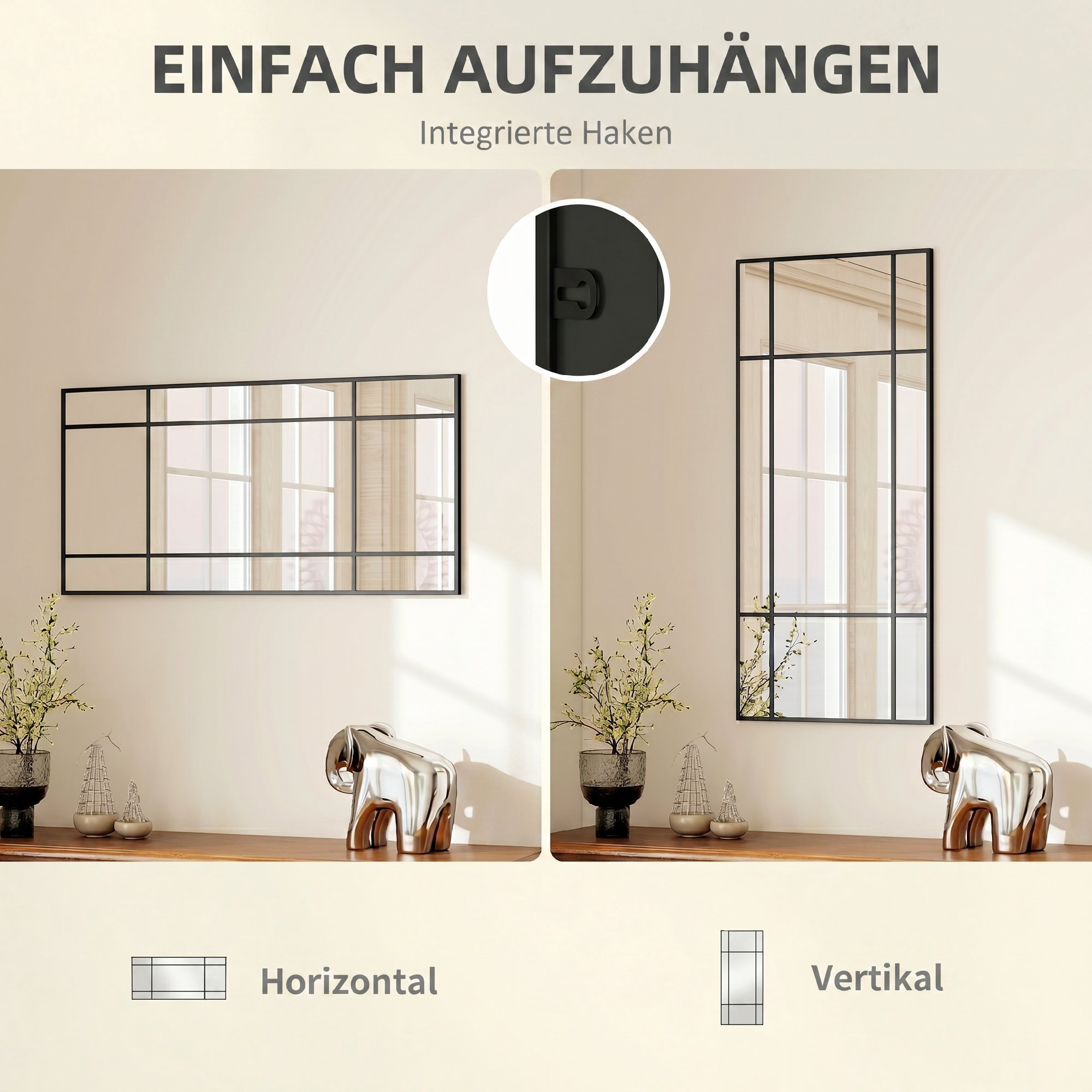 Wandspiegel, dekorativer Spiegel mit Metallrahmen, schwarze Streifen, Mehrschichtglas, 50B x 2T x 110H cm