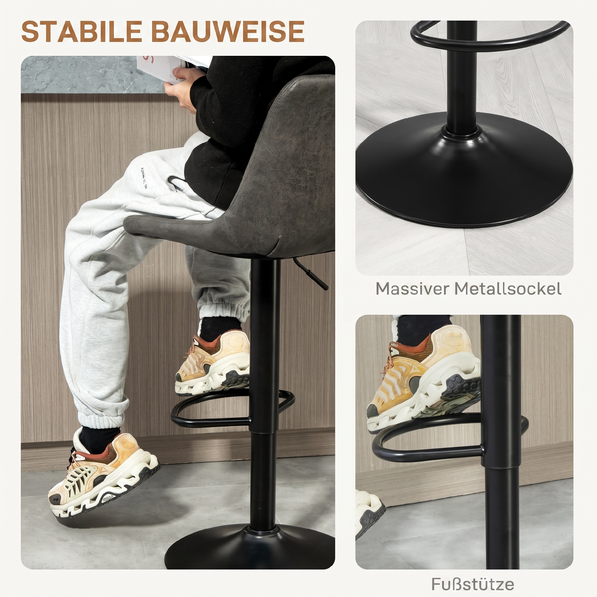 2er-Set Barhocker im Retrodesign, inkl. Fußstütze, höhenverstellbar, Gaslift, Dunkelgrau