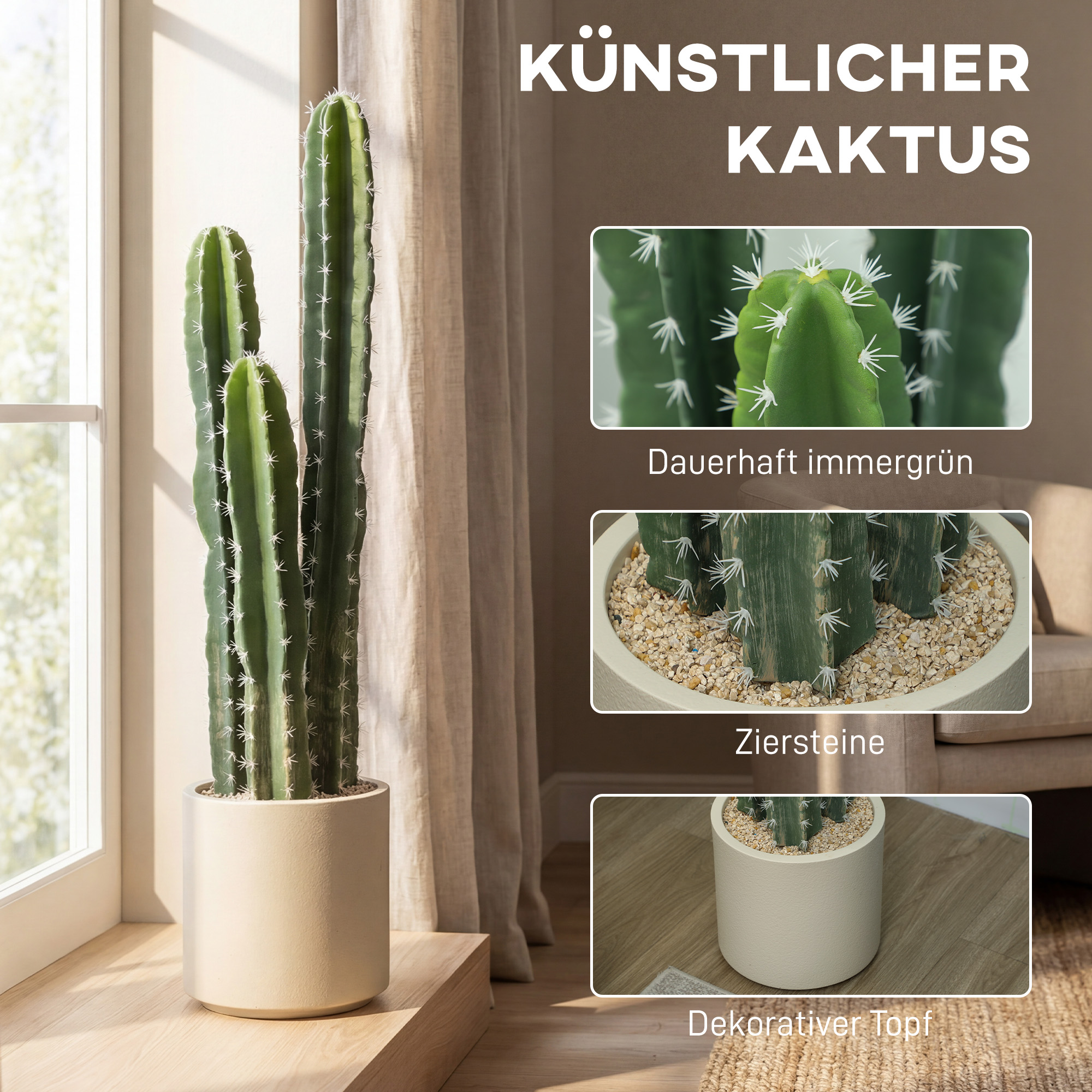 Kunstpflanze Kaktus Pflanzen groß 95 cm mit Topf wie echt für Zuhause, Büro, Grün