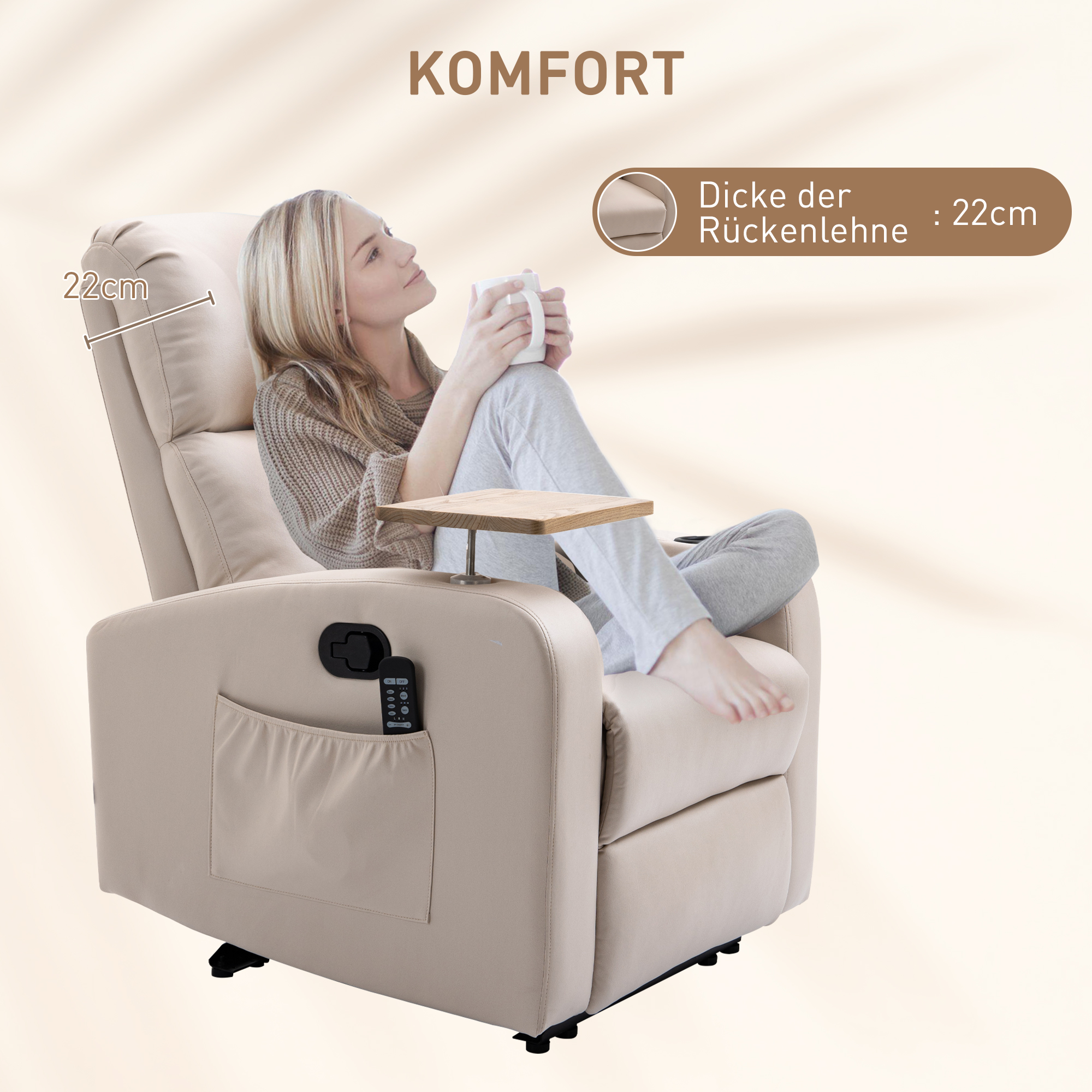 Massagesessel Relaxsessel Liegesessel, 1 Klapptisch, 1 Fußstütze; 77 cm x 93 cm x 105 cm, Beige