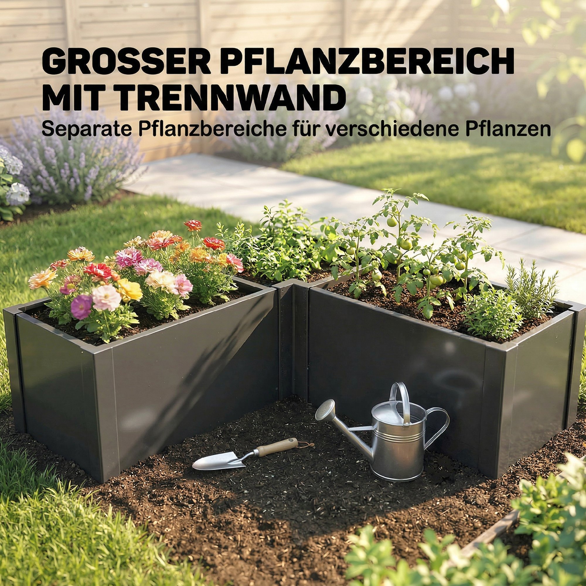 Hochbeet L-förmig Blumenhochbeet witterungsbeständig, Pflanzbeet Frühbeet aus Verzinkter Stahl 150 x 150 x 55 cm Schwarz