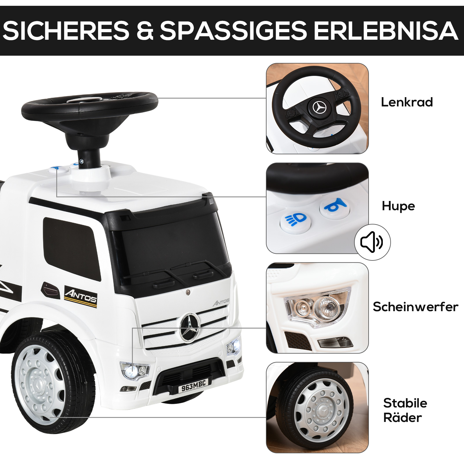 Rutscherfahrzeug Rutscherauto Babyrutscher Kinderfahrzeug lizenziert von Mercedes ANTOS-LKW-Stil mit Licht für Kinder von 12 bis 36 Monaten Metall PP-Kunststoff Weiß+Schwarz 62,5x28,5x45cm