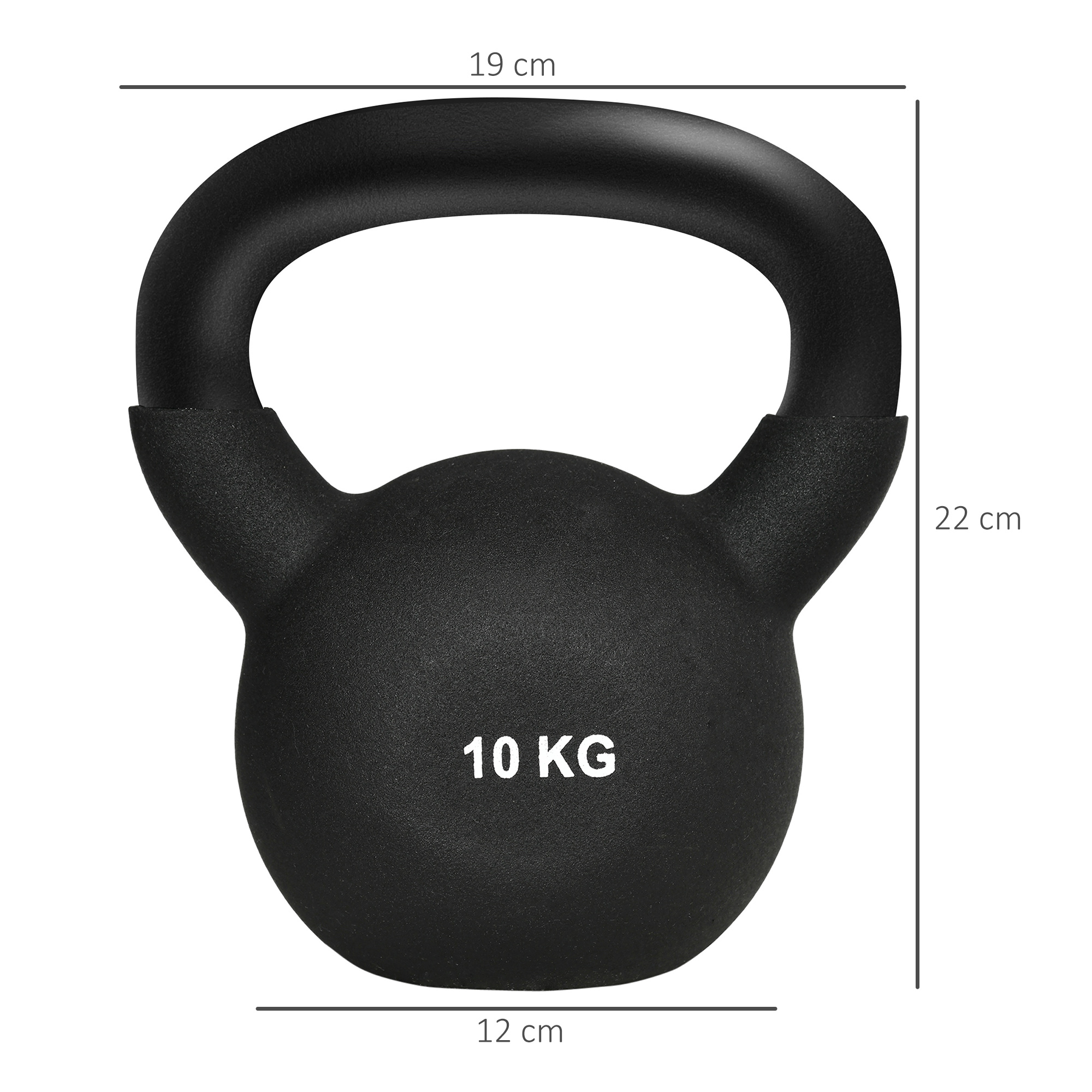 Kettlebell, Kugelhantel, 10 kg, mit Kunststoffummantelung, Stahl, schwarz 19 x 12 x 22cm