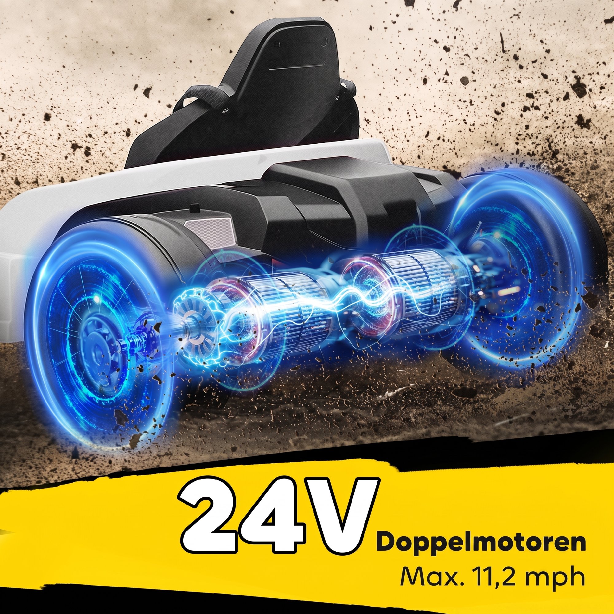 24 V Elektro Go-Kart für Kinder Bis 18 Km/h Gokart mit Drift-Funktion, Drift-Kart mit 2 Motoren verstellbar Sitz Weiß