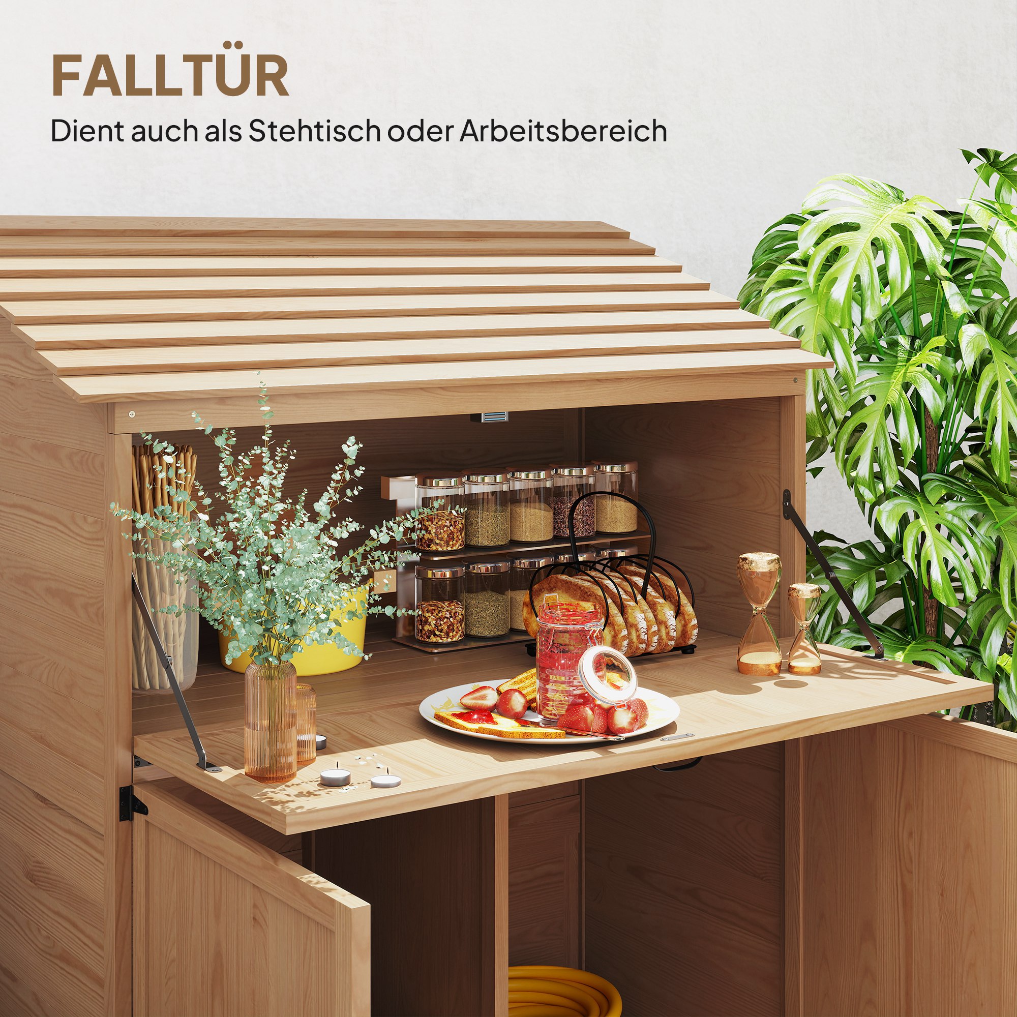 Garten-Aufbewahrungsschrank mit ausklappbarem Tisch, Werkzeugschrank mit Dach, 110 x 54 x 136 cm, Tannenholz, Braun