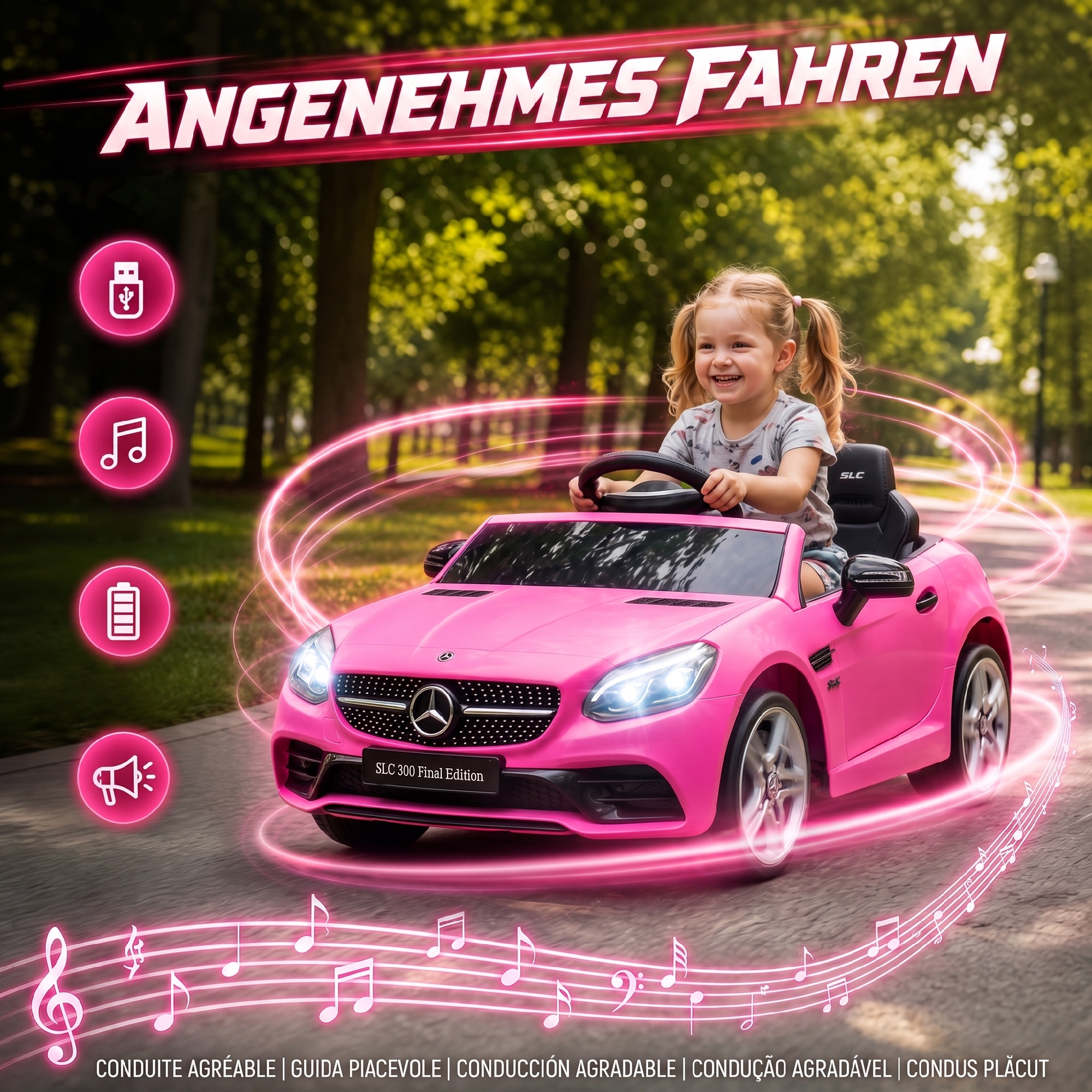 Kinder-Elektroauto, mit LED-Scheinwerfern, Sicherheitsgurt, Hupe, Musik, 3 bis 5 km/h, Rosa, 107 x 62,5 x 44cm