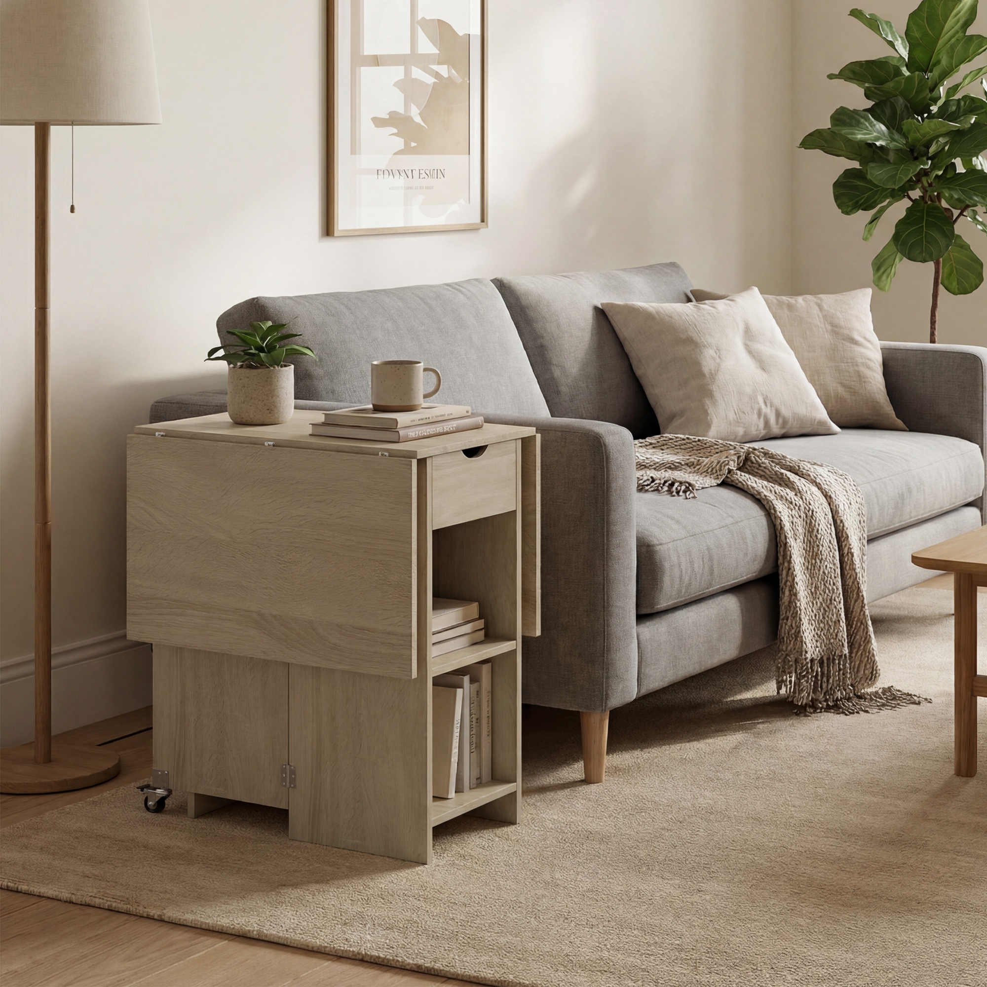 klappbarer Esstisch für 2-4 Personen, Rollbarer Tisch mit offenem Fach und Schublade, ideal für kleine Räume, Natur