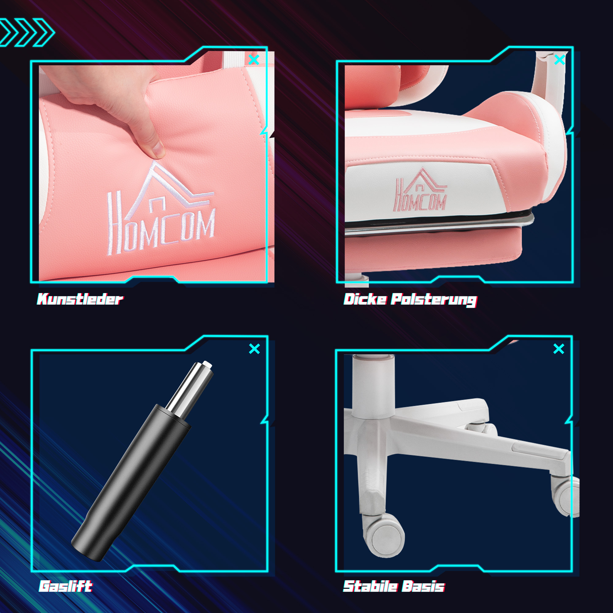 Gaming-Sessel mit Katzenohren, neigbare Lehne, ausziehbare Fußstütze, bis 120 kg, Rosa/Weiß