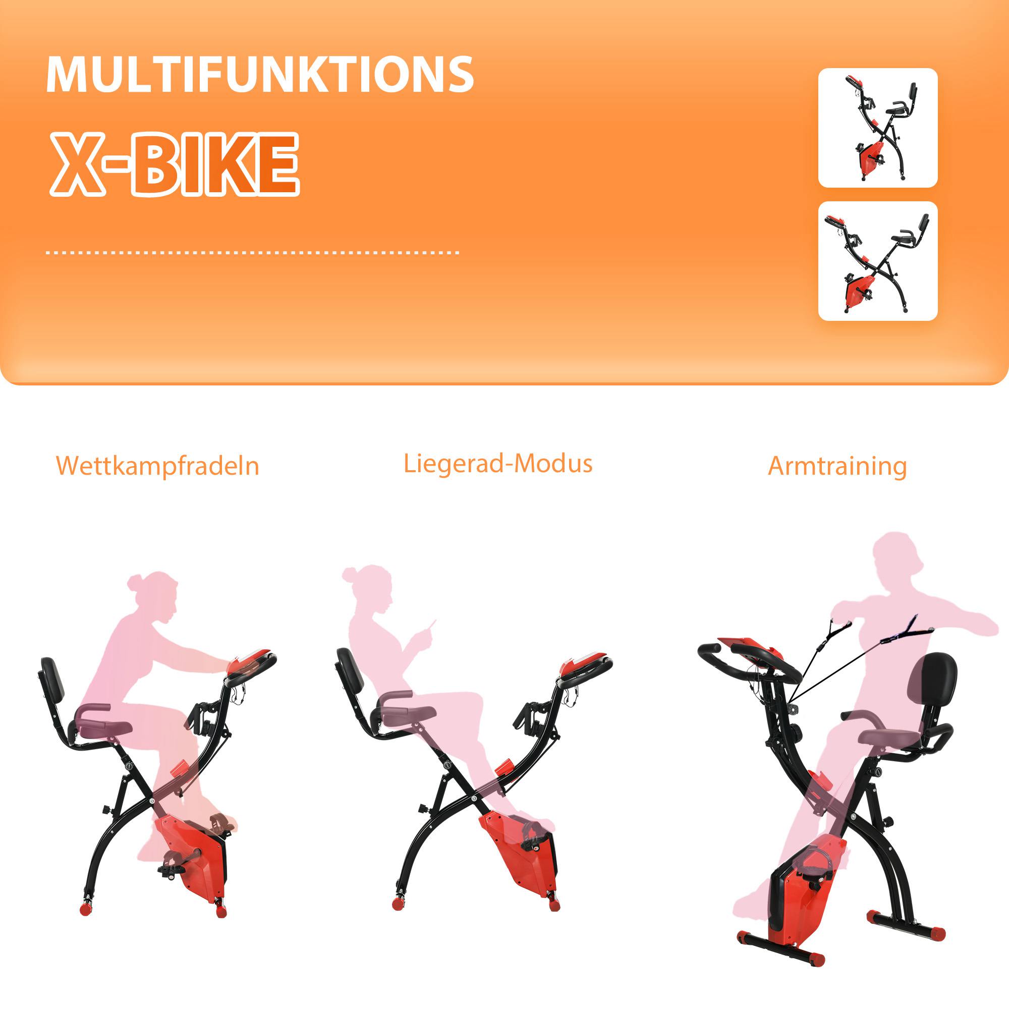 Heimtrainer 2-in-1 Fahrradtrainer mit LCD-Display Pulsmesser verstellbar Sitz Räder, klappbarer Hometrainer Trimmrad mit 8 stufig Magnetwiderstand, Spannseil, Stahl