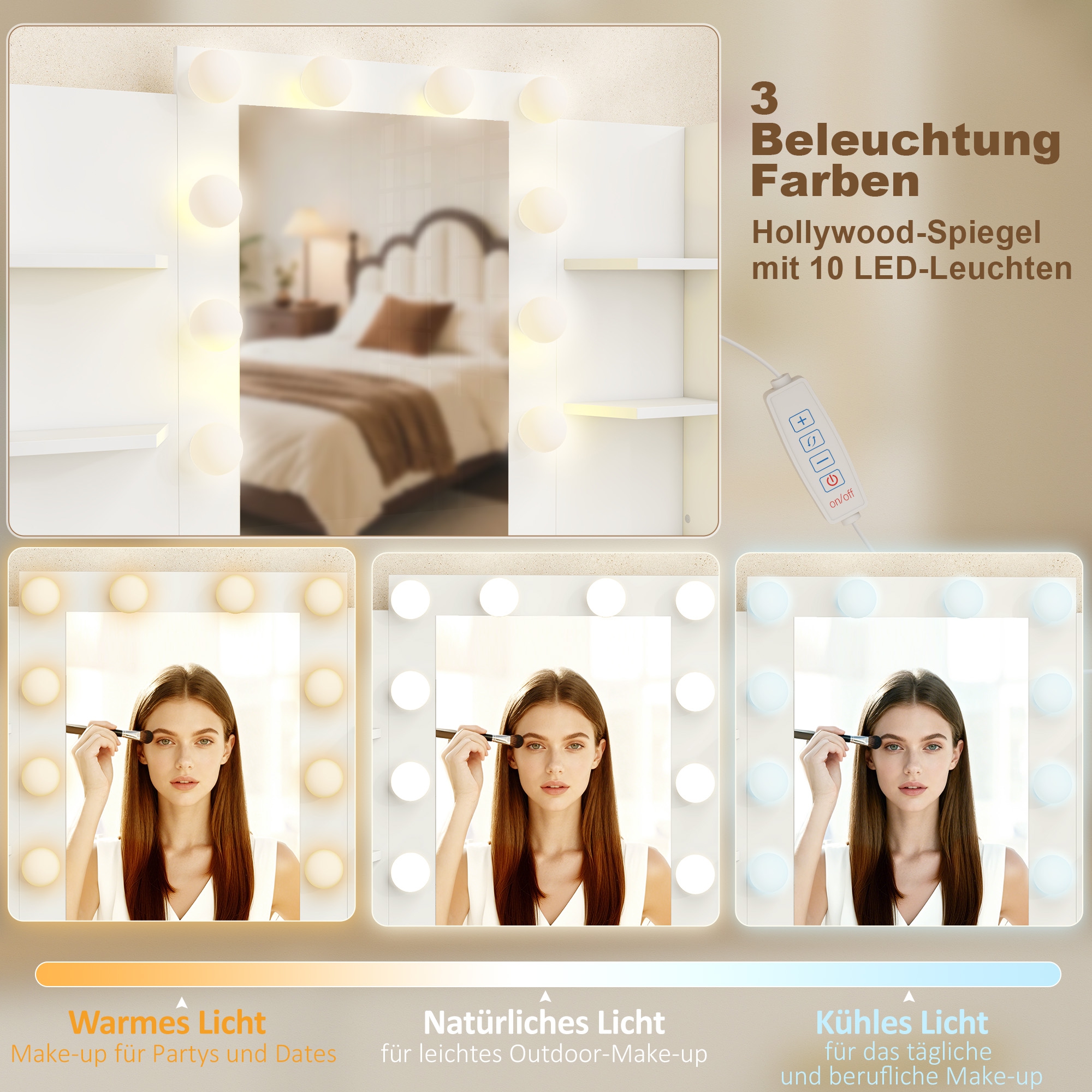 Schminktisch mit beleuchtetem Spiegel und gepolstertem Hocker, Schminkset mit 6 Schubladen und Ablagen, Weiß