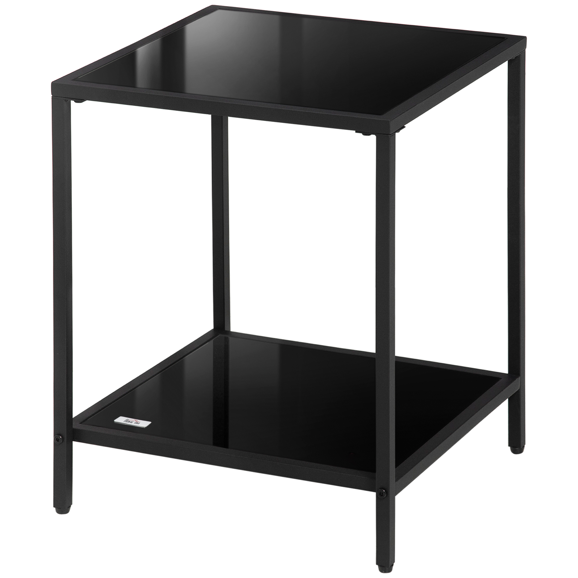 Beistelltisch mit gehärteten Glasplatten, 2 Ebenen, klassisches Design mit Metallstruktur, Schwarz Beistelltisch mit gehärteten Glasplatten, 2 Ebenen, klassisches Design mit Metallstruktur, Schwarz