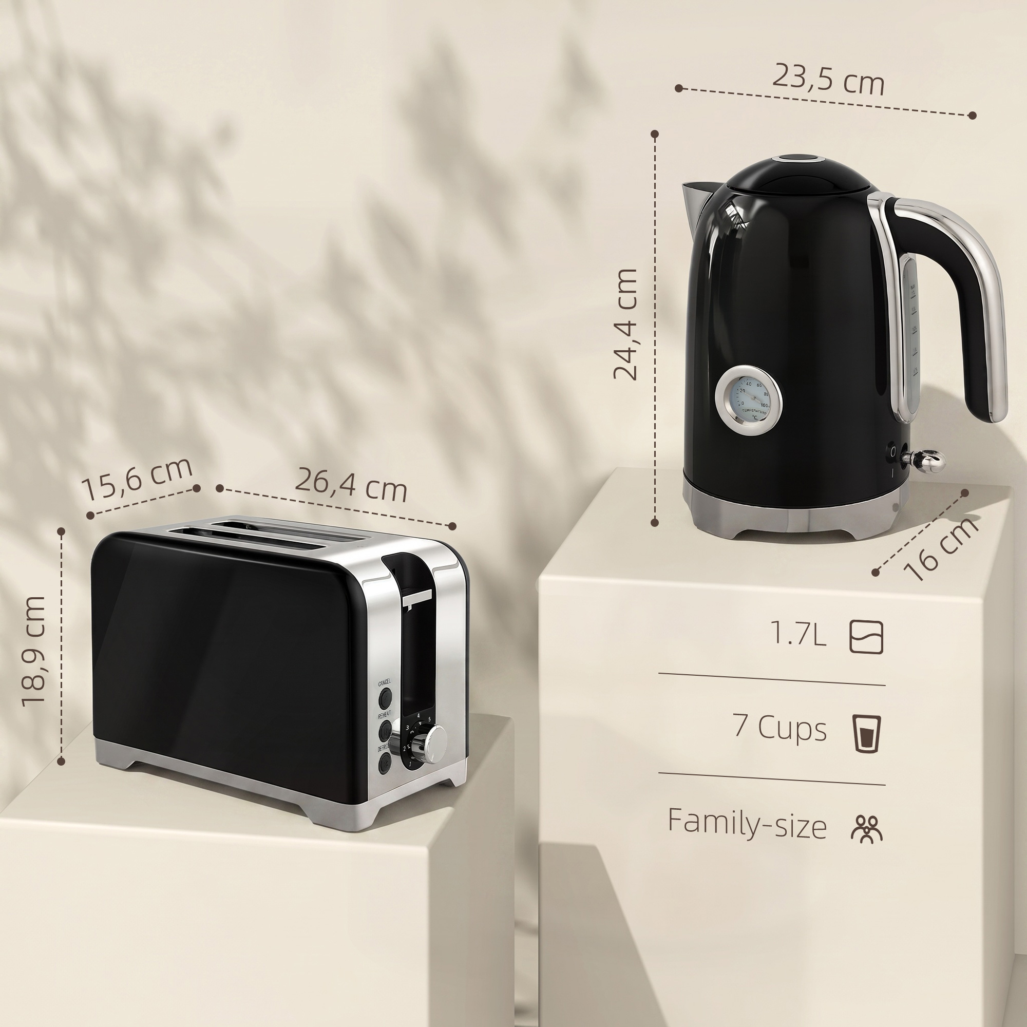 Wasserkocher und Toaster Set mit Thermometer, 1,7 l, 2200 W Wasserkocher, 2-Scheiben-Toaster mit 7 Bräunungsstufen