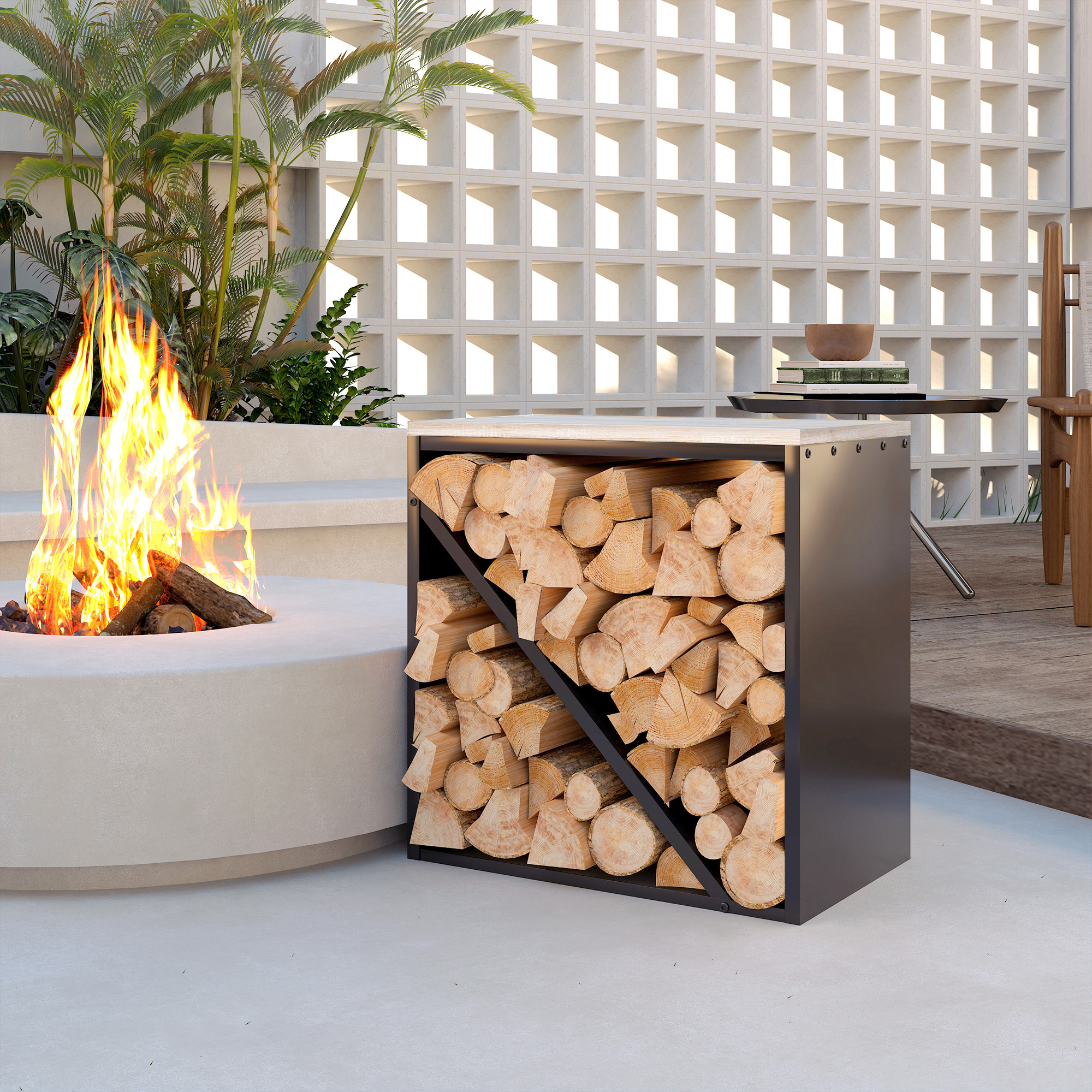 2-in-1 Kaminholzregal für innen 58 x 36 x 60cm erhöhtes Brennholzregal mit Trenner Metall Schwarz