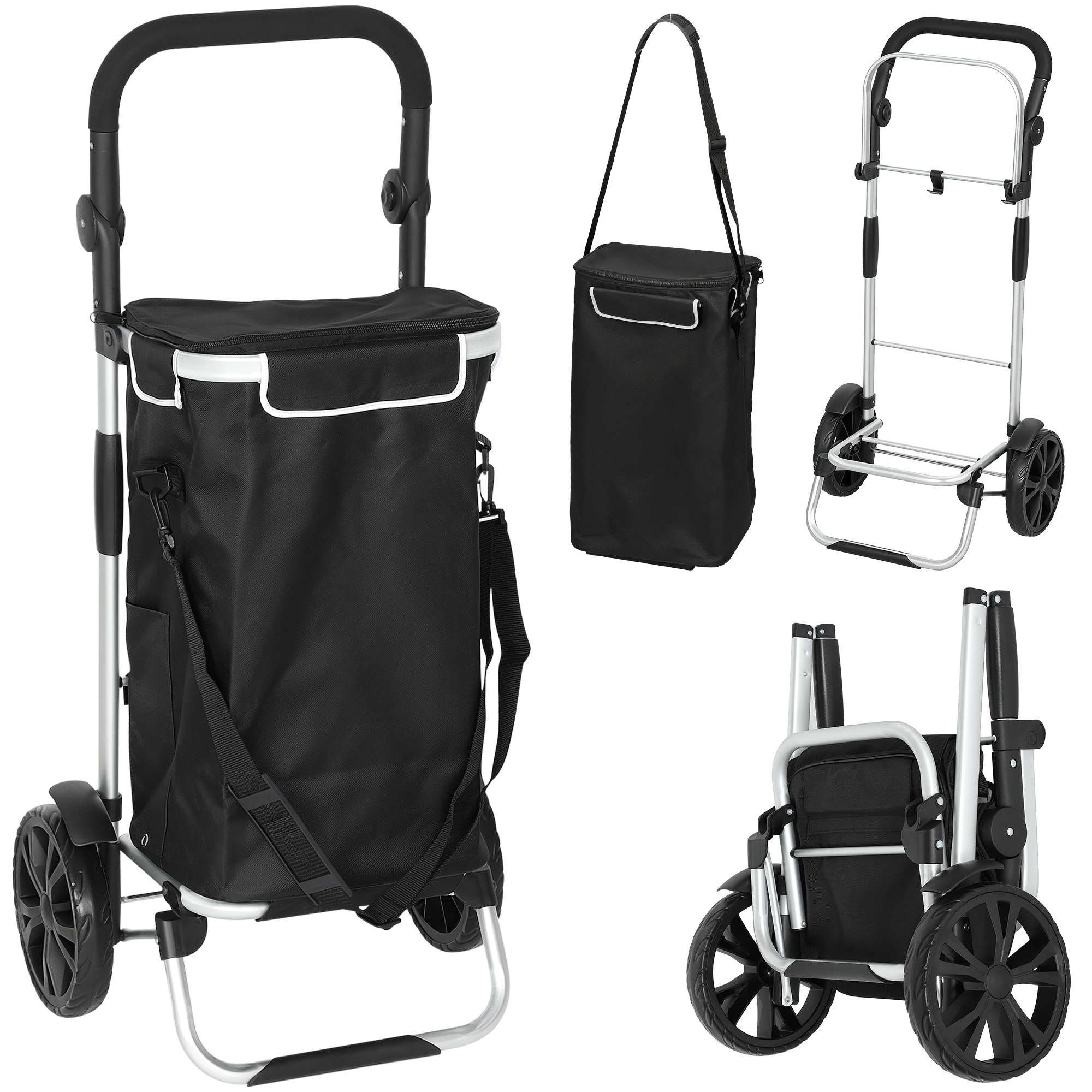 3-in-1 Einkaufstrolley klappbar mit 40L Kapazität belastbar Trolley bis 25kg mit Kühlfach Schwarz