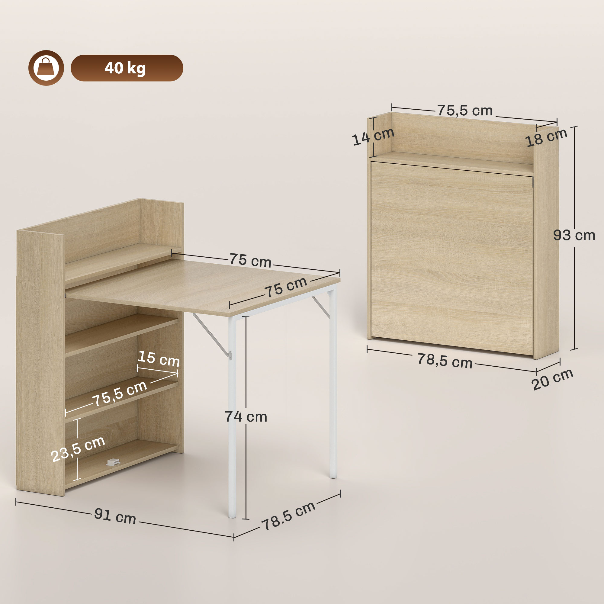 Esstisch Klappbar mit Regal, Industrie-Design, Platzsparend, Für Kleine Räume, 78,5 x 91 x 93 cm, Eiche