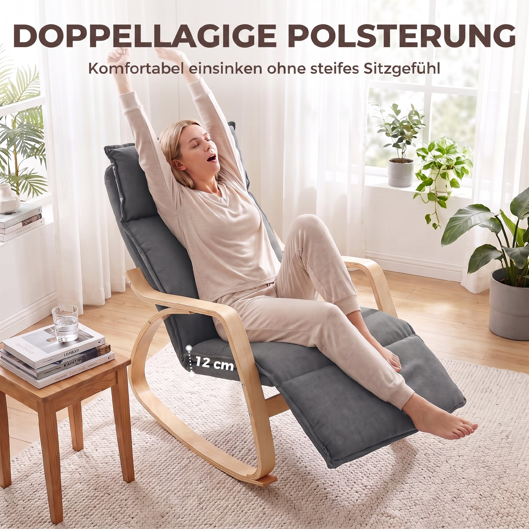 Schaukelstuhl in Leinenoptik mit 5-fach verstellbarer Fußstütze und Leinenoptik, für Wohnzimmer, Dunkelgrau