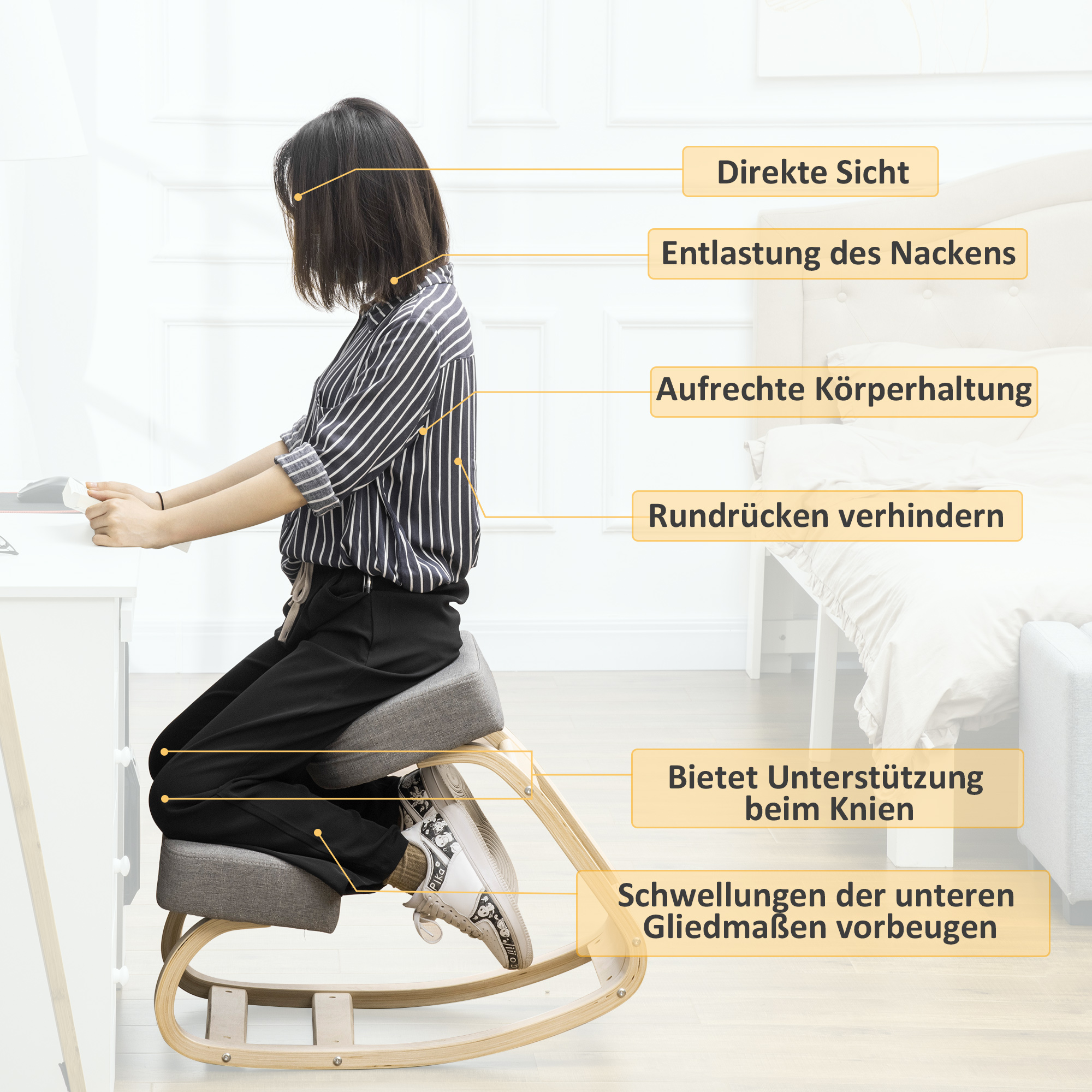Kniestuhl, ergonomischer Sitzhocker, Polsterhocker für gesunde Sitzhaltung, Birkenholz, 120 kg belastbar, Grau