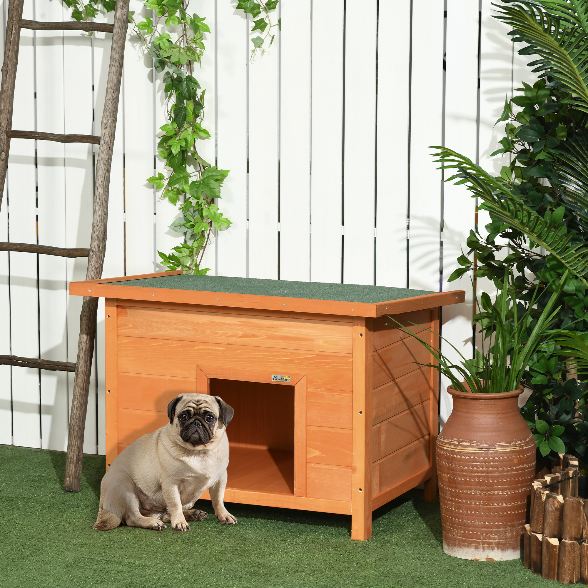Hundehütte Outdoor, Hundehaus aus Holz mit Aufklappbares Asphaltdach, Wasserdichte Hundehöhle mit erhöhter Boden Hütte für kleine Hunde, Gelb, 82 x 58 x 58 cm