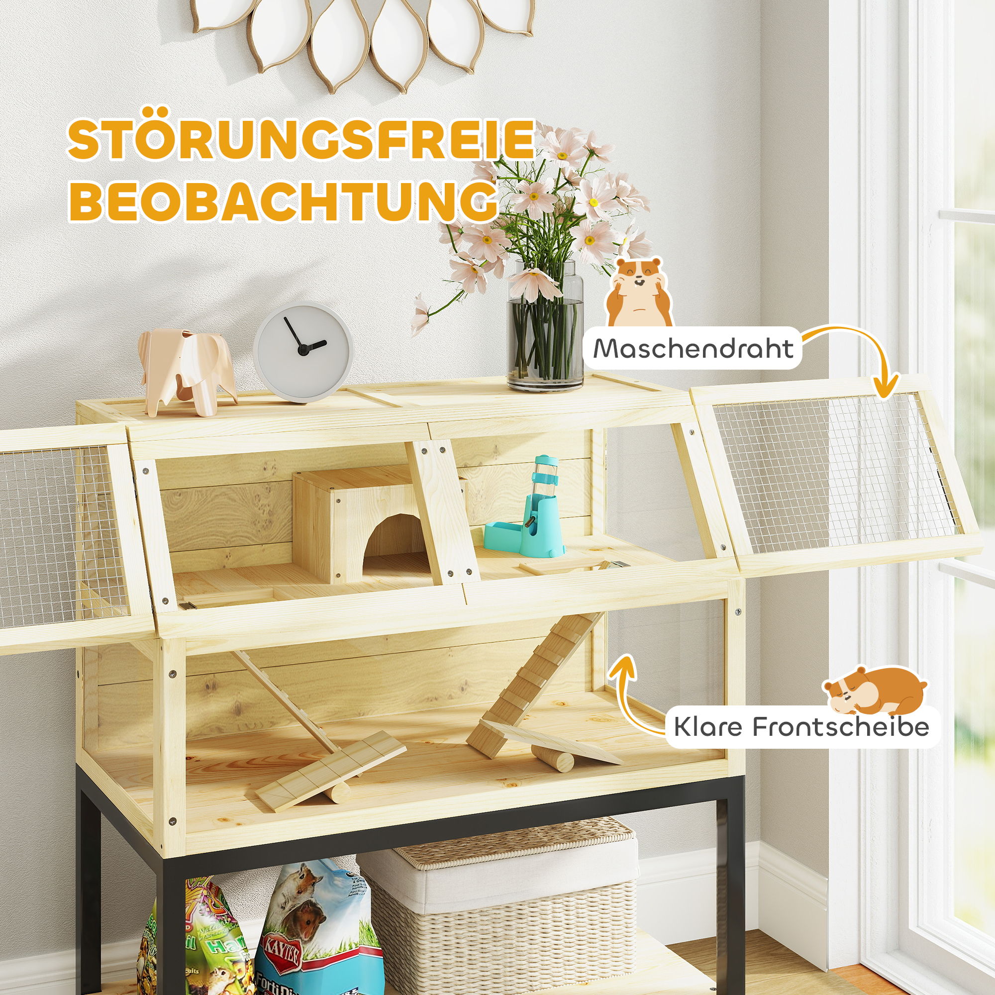 Zwerghamsterkäfig aus Holz mit Ablagefach, Rädern, Rampen, Wasserflasche, Hütte, Wippen, 87 x 43 x 101cm