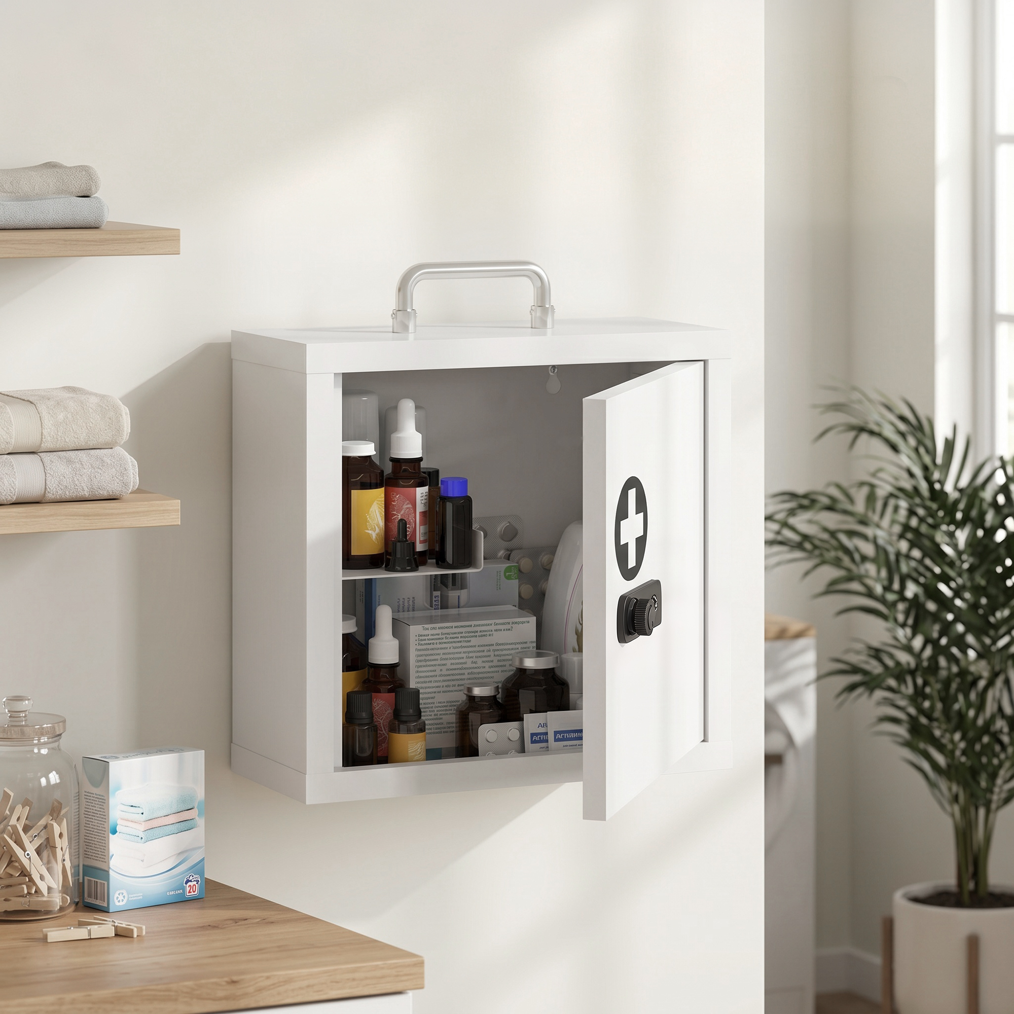 Medizinschrank zur Wandmontage mit Zahlenschloss, 2-stufiger Erste-Hilfe-Schrank aus Edelstahl, Weiß