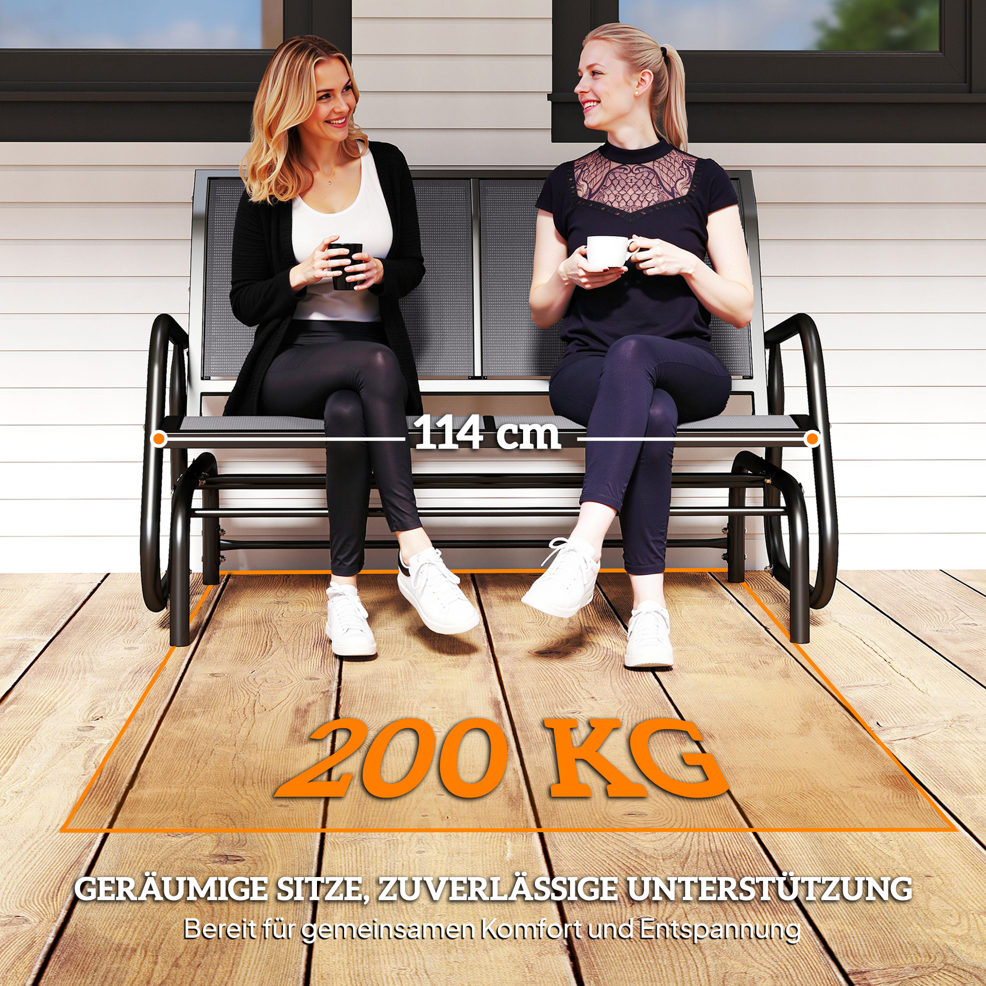 2-Sitzer Schaukelstuhl Gartenbank mit Schaukelmechanismus Gartenschaukel Sitzbank aus Metall Parkbank bis 200 kg belastbar Gartenmöbel für Garten, Terrasse, Veranda 120 x 70 x 85 cm Grau