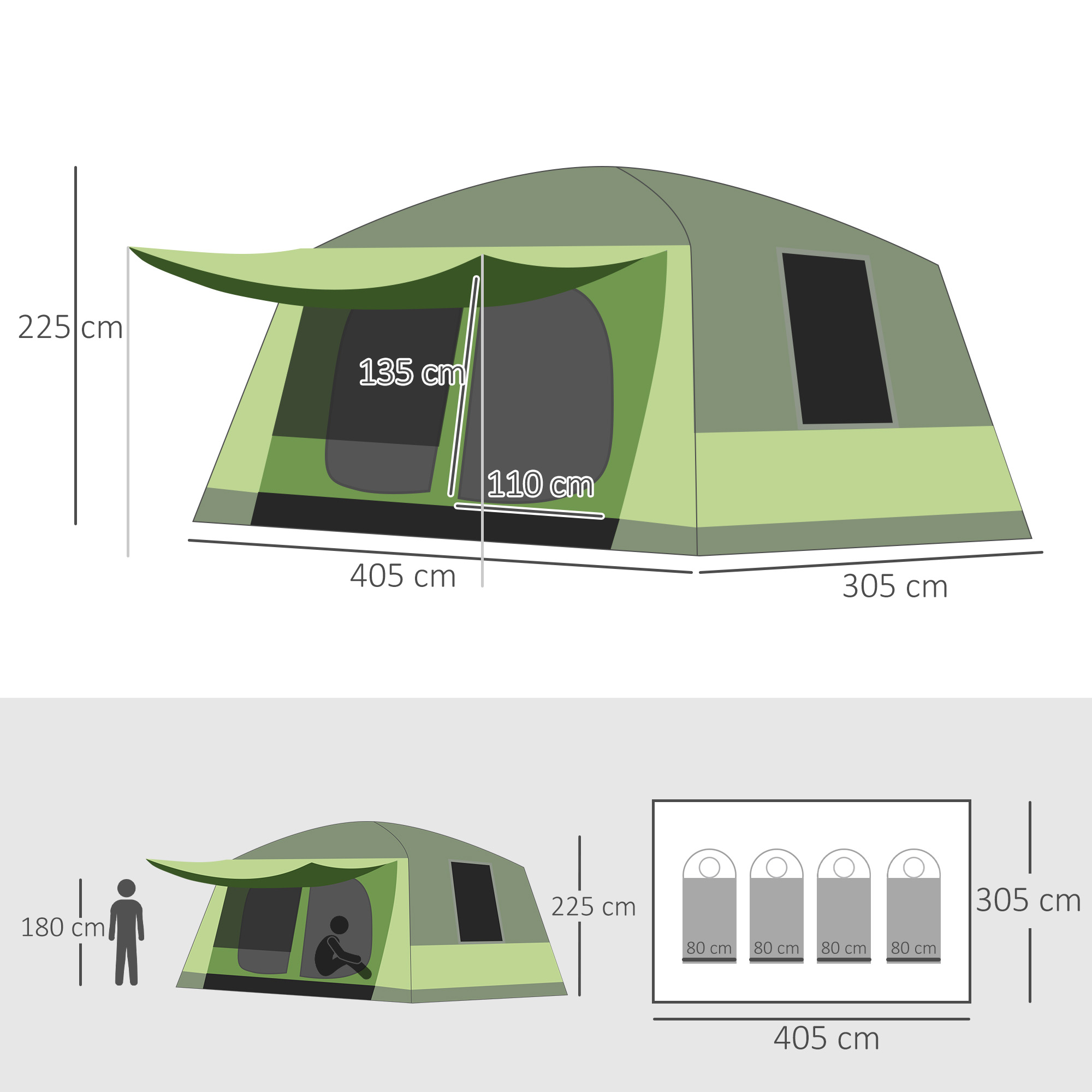 Campingzelt Kuppelzelt Familienzelt 2 Schlafkabinen 4-8 Personen L405 x B305 x H225cm