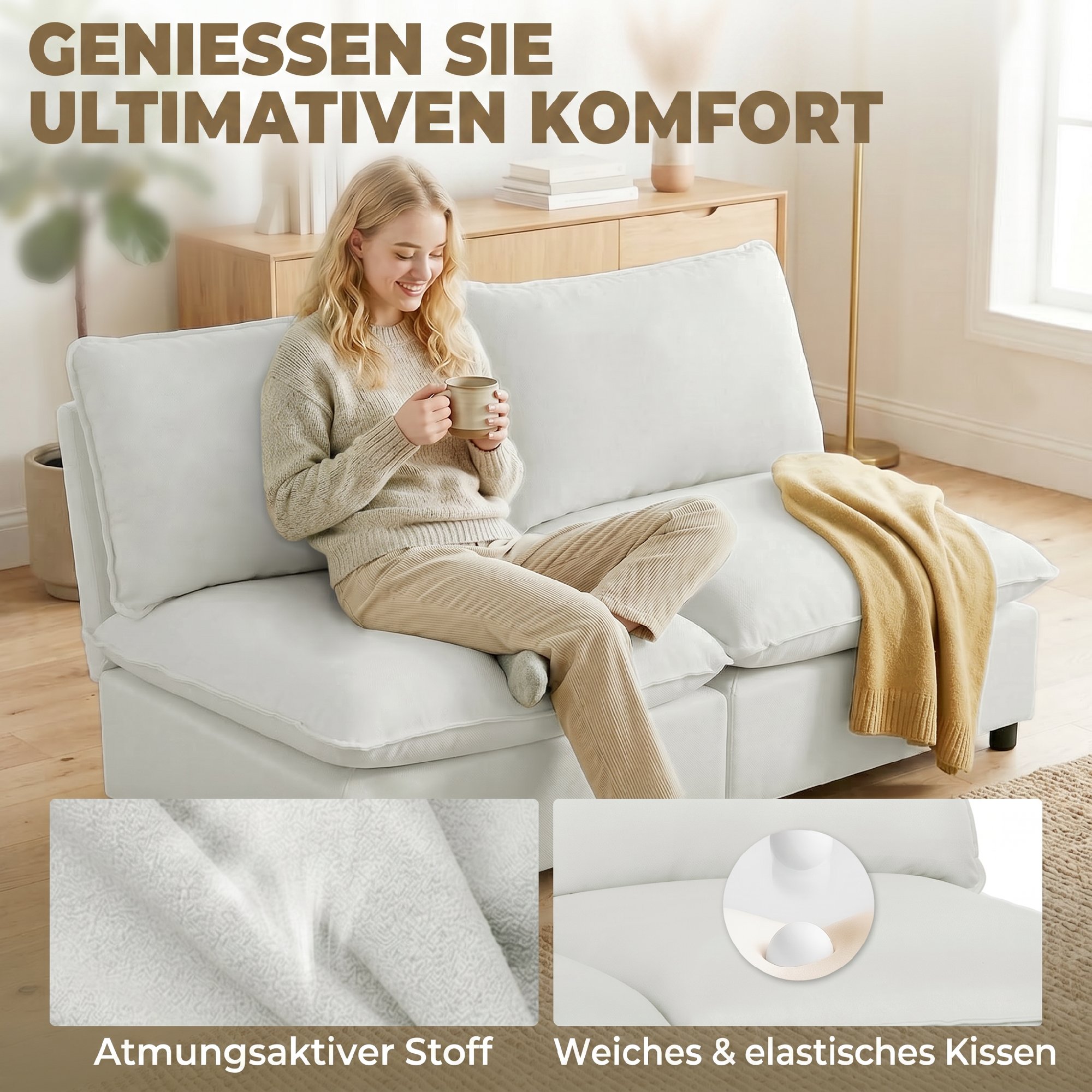 2-Sitzer-Sofa, 146 cm Kunstleder-Modularsofa mit breiter und tiefer Sitzfläche, dicken Kissen, einfache Montage, Grau