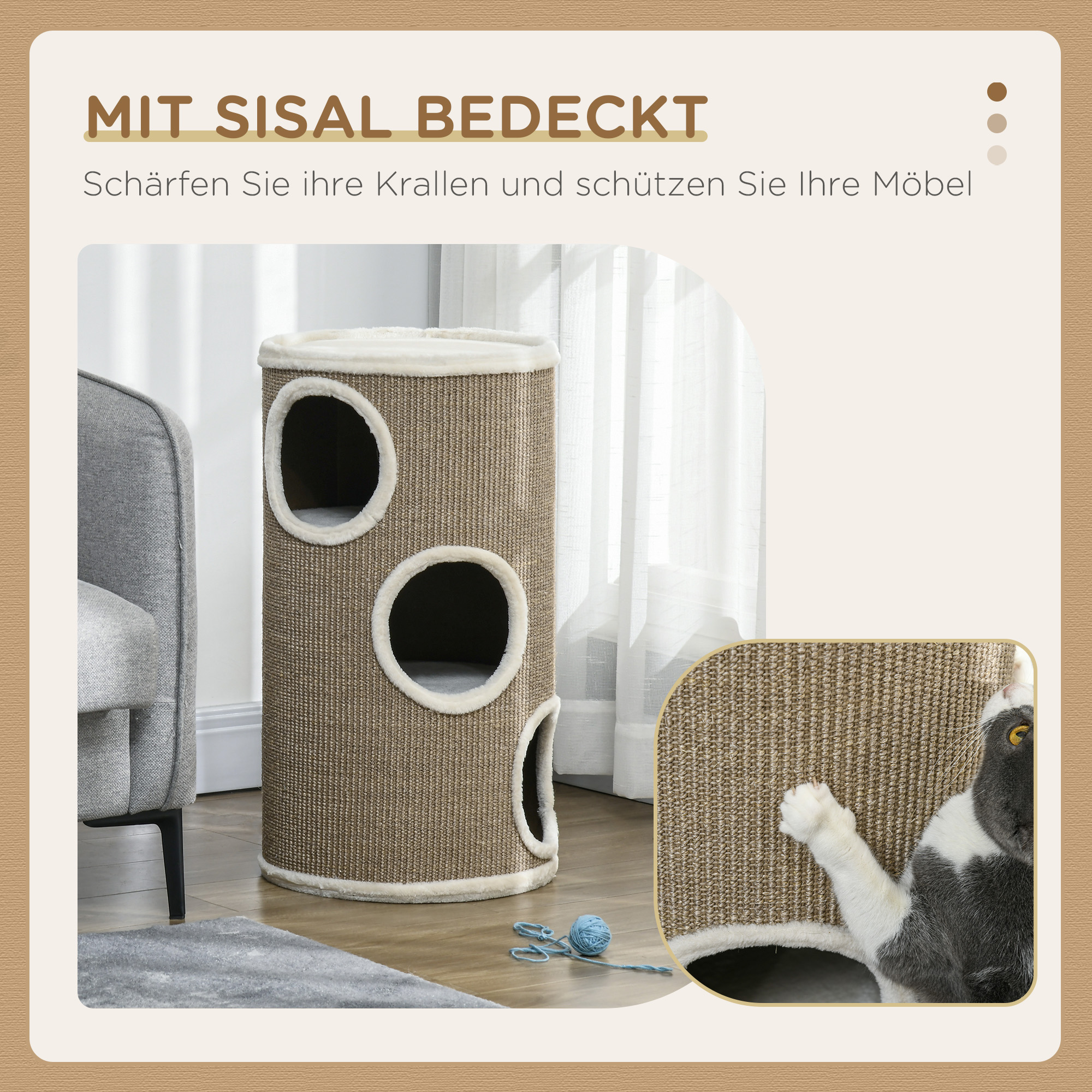Katzen Kratztonne, weicher Plüsch, Sisal-Kratzteppich, robust, Ø38 x 70H cm, Braun