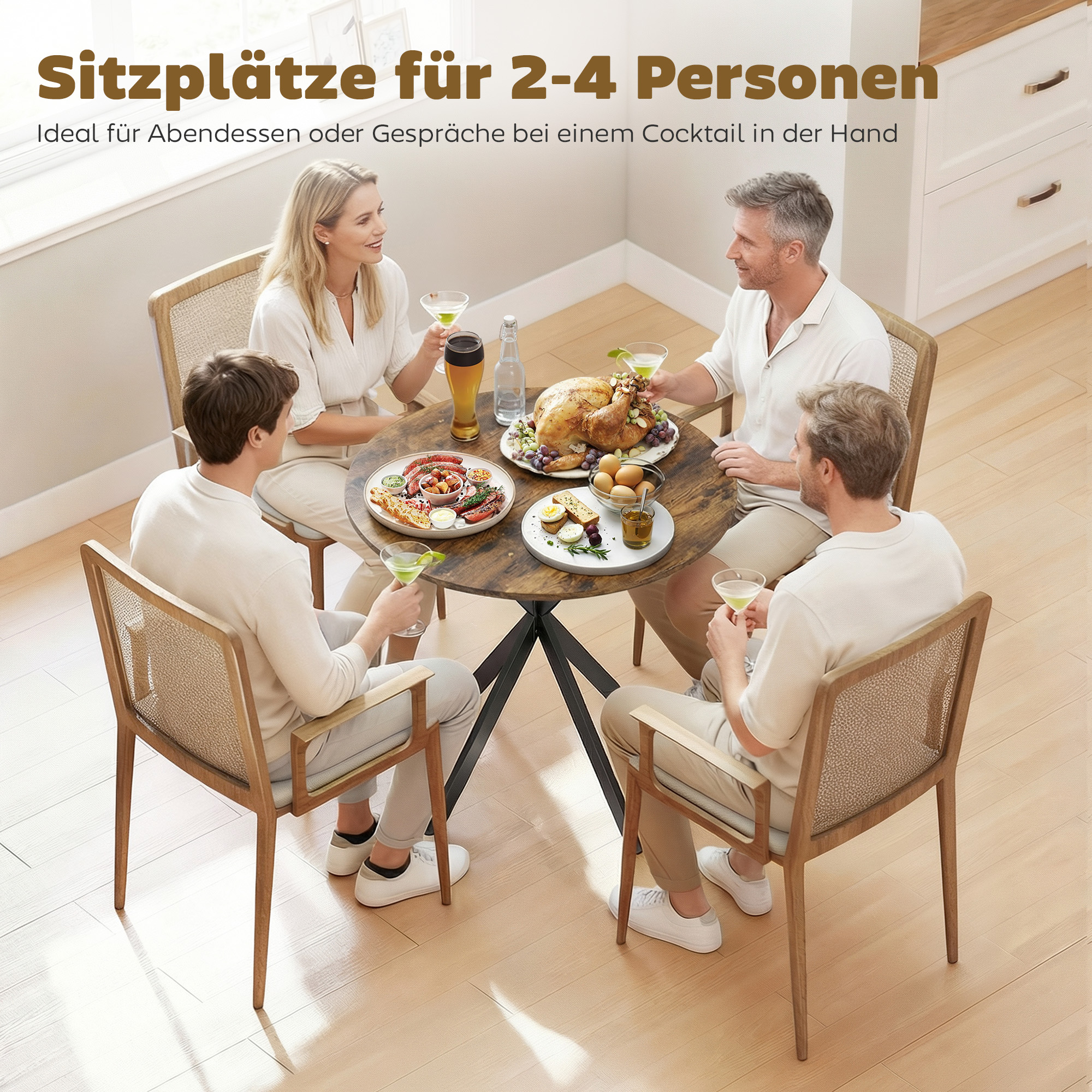 Runder Küchentisch, 80 cm, kompakte Tischplatte, Spanplatte, Metall, Rustikal-Braun