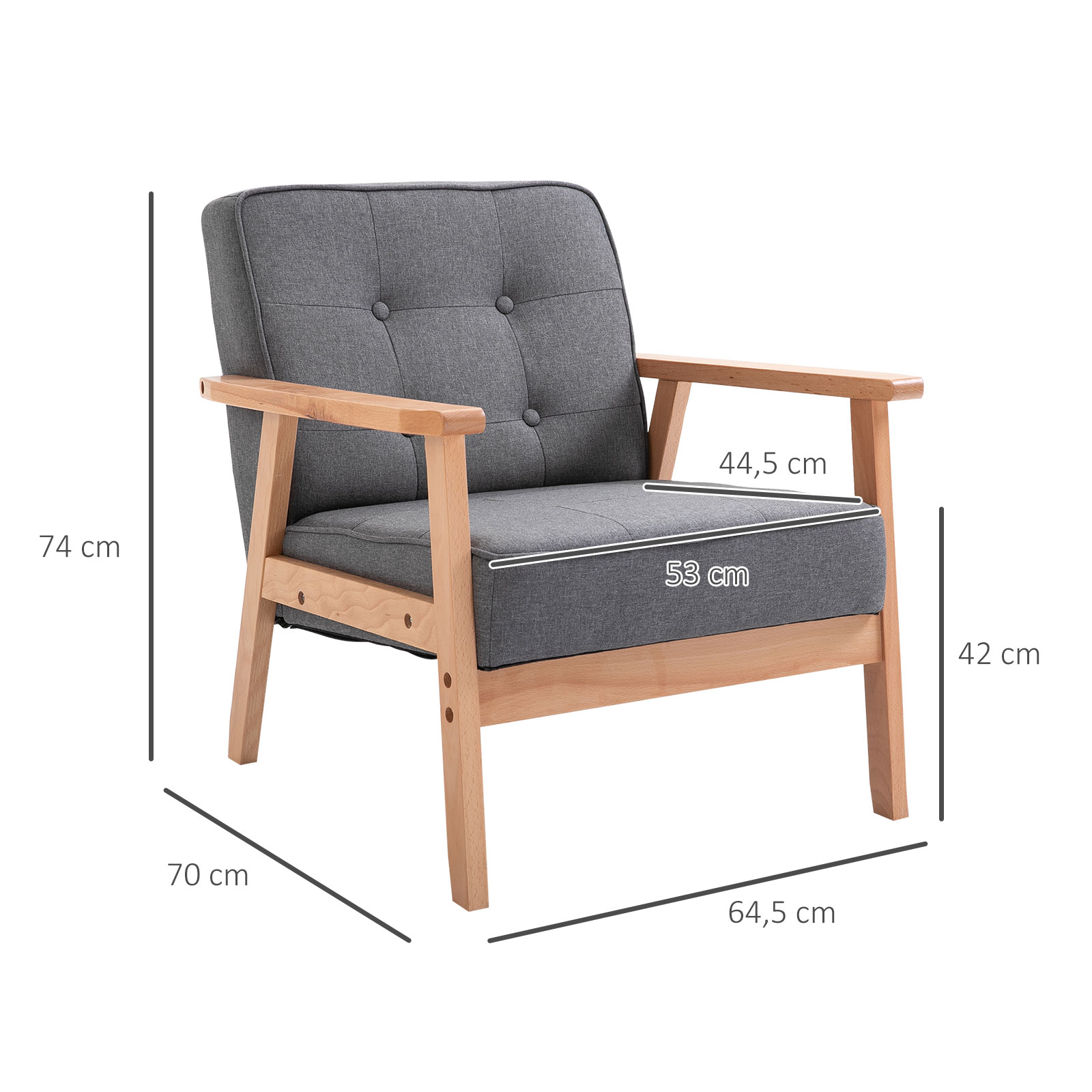 Einzelsofa Loungesessel Polsterstuhl mit Armlehnen Holzrahmen Leinen Grau 64,5 x 70 x 74 cm