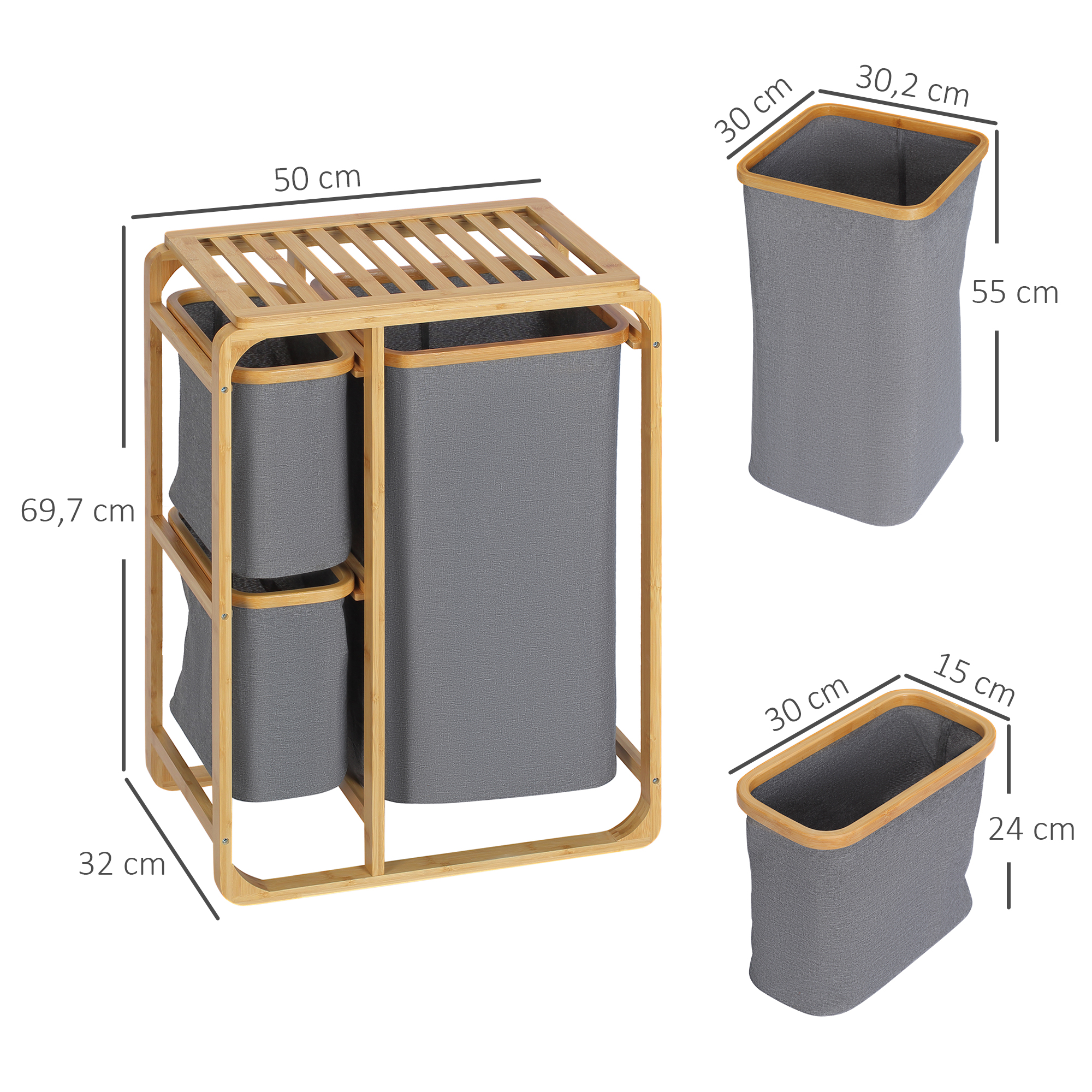 Wäschekorb aus Bambus , 3 abnehmbare Körbe 50 cm x 32 cm x 69,7 cm Natur Grau