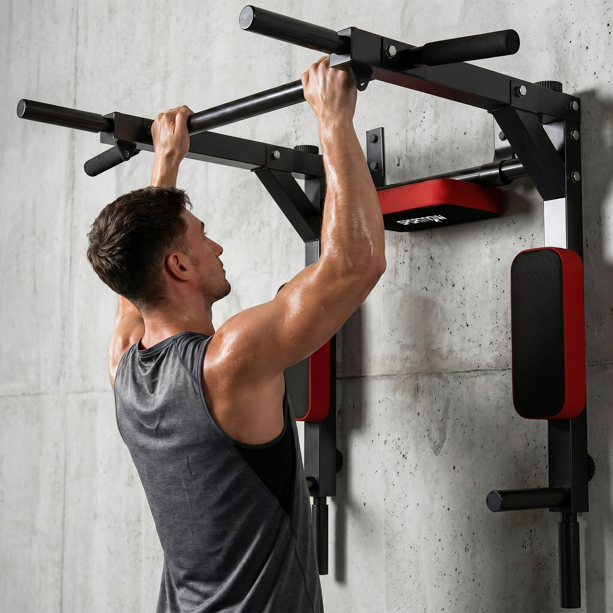 Wand-Klimmzugstange, 2-in-1 Profi-Klimmzug- und Dipstation für das Heimtraining, bis 200 kg, Rot