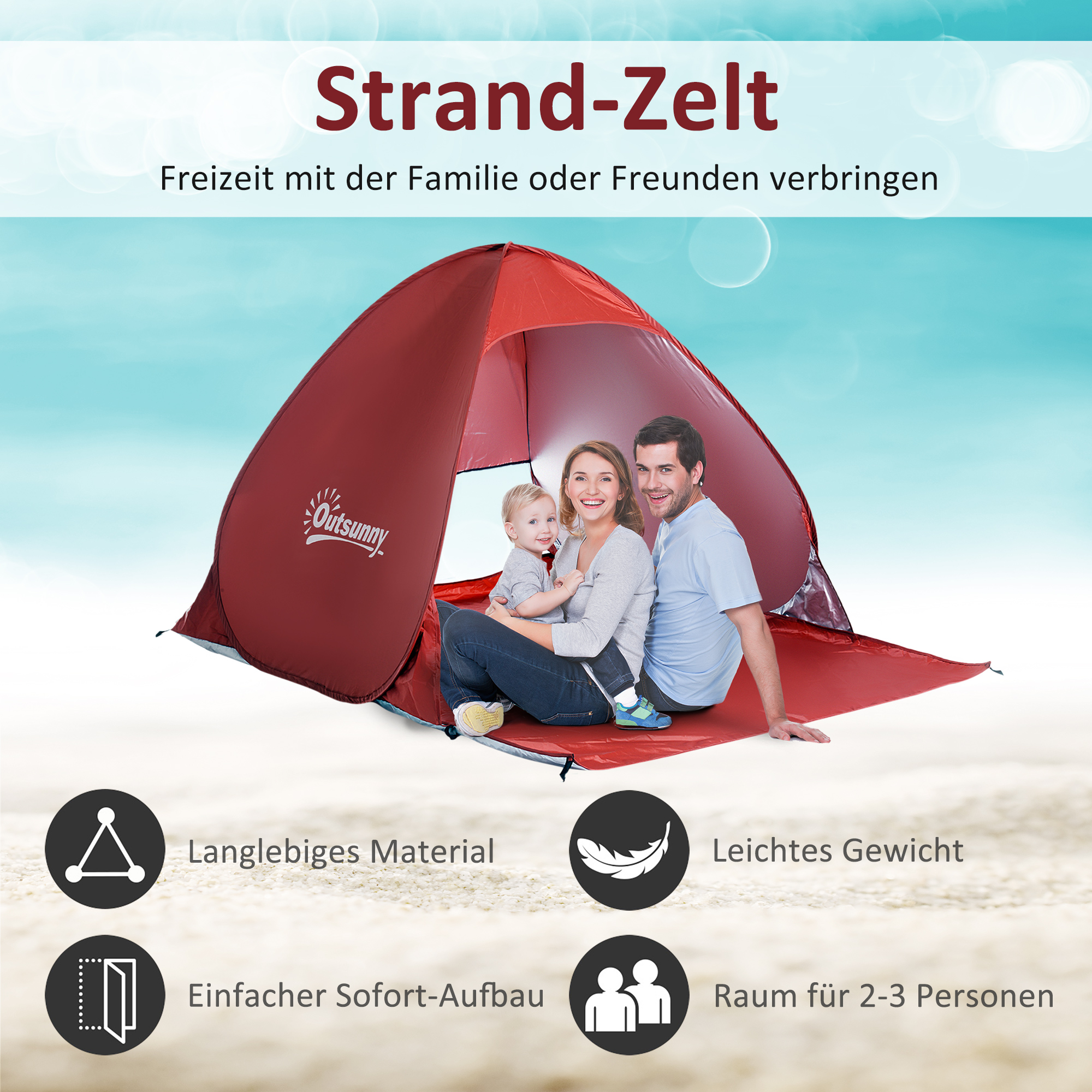 Pop-up-Zelt, Strandzelt, Campingzelt, Polyester, 200 x 150 x 119 cm, Rot