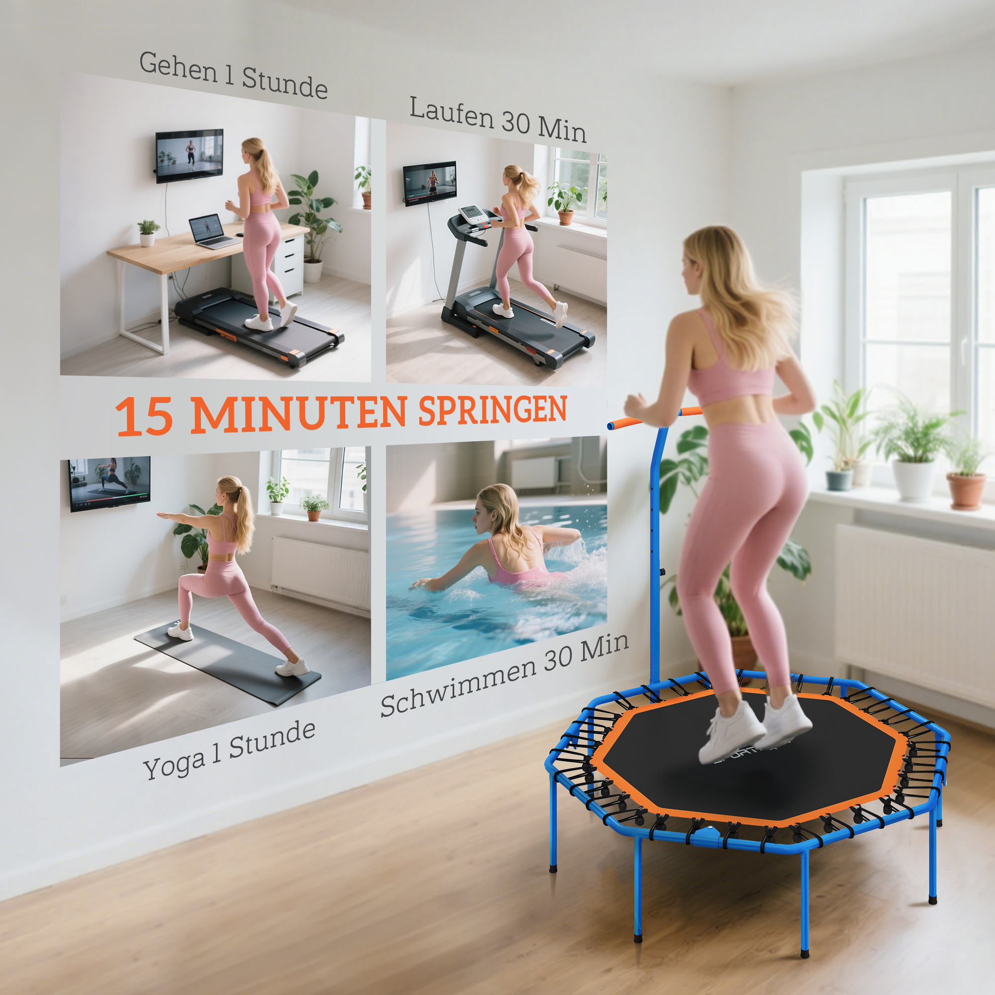 Fitness-Trampolin, Trainingstrampolin mit verstellbarem Haltegriff, stabil und leise, für drinnenf, Stahl, Blau