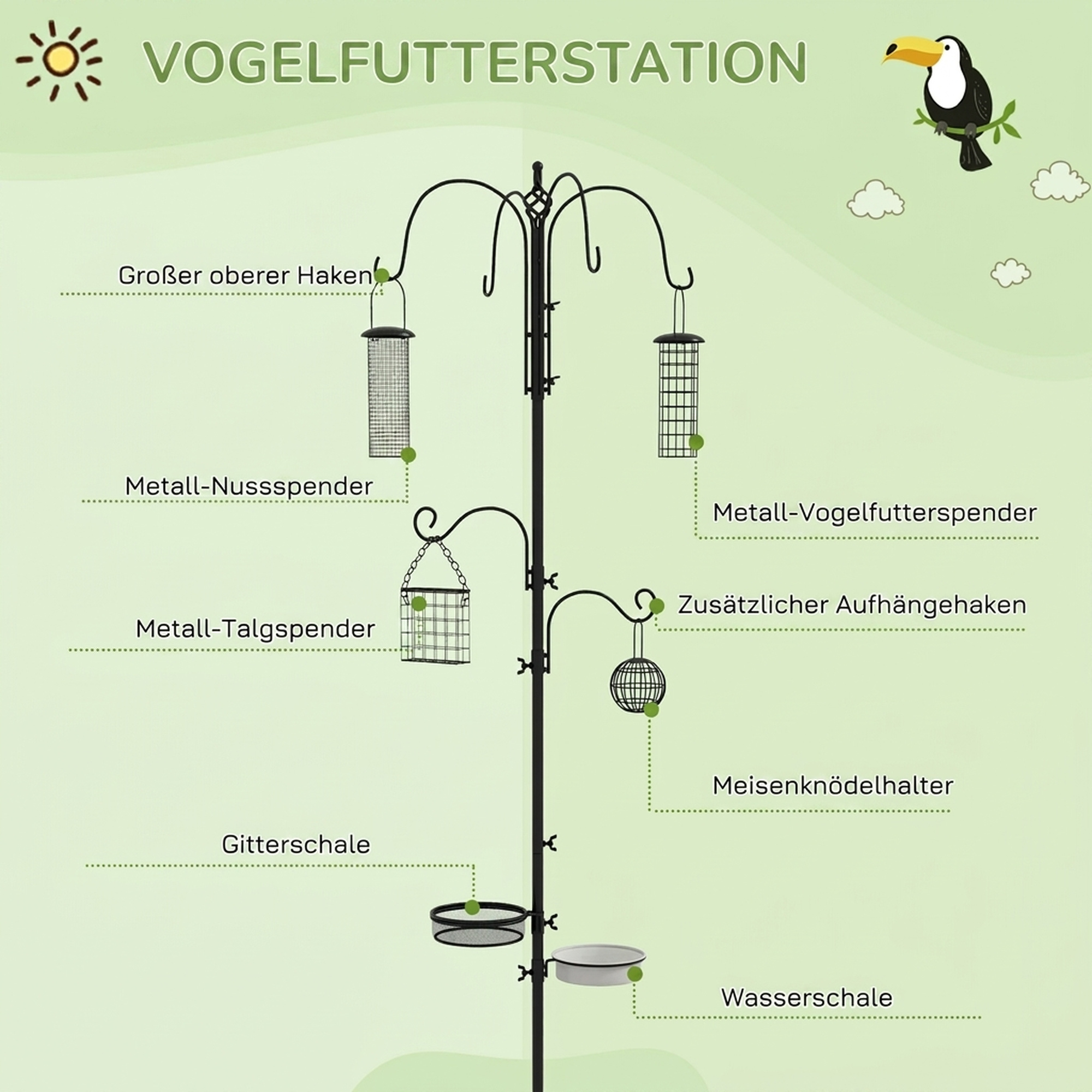 Vogel Futterstation 226 cm Vogelfutterstation mit 6 Haken, 4 hängenden Futterspendern Erdspieß, Freistehend