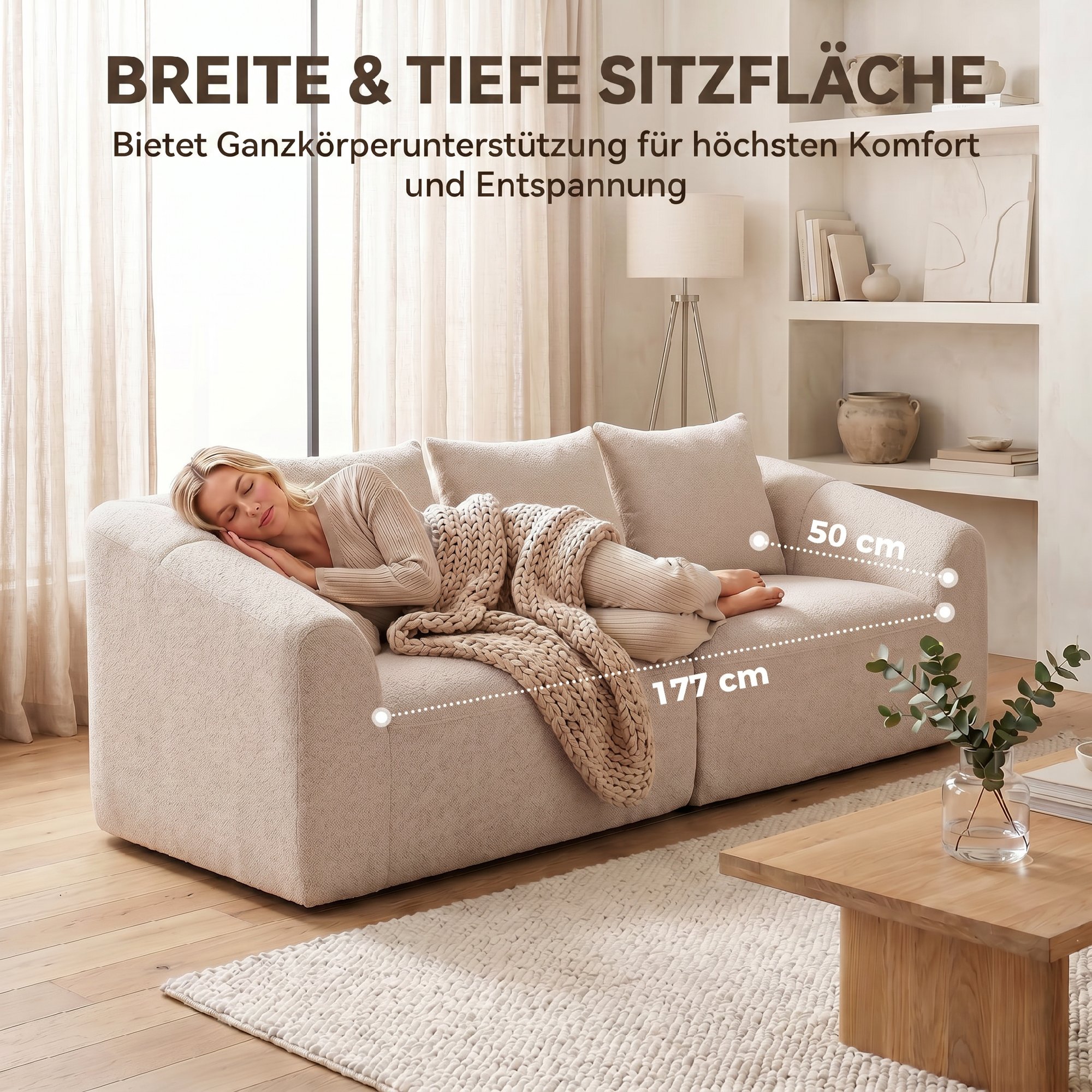 3-Sitzer Sofa, Chenille Cloud Couch ohne Rahmen, dicke Federkernpolsterung, extra breite Sitzfläche, 3 Kissen, Beige