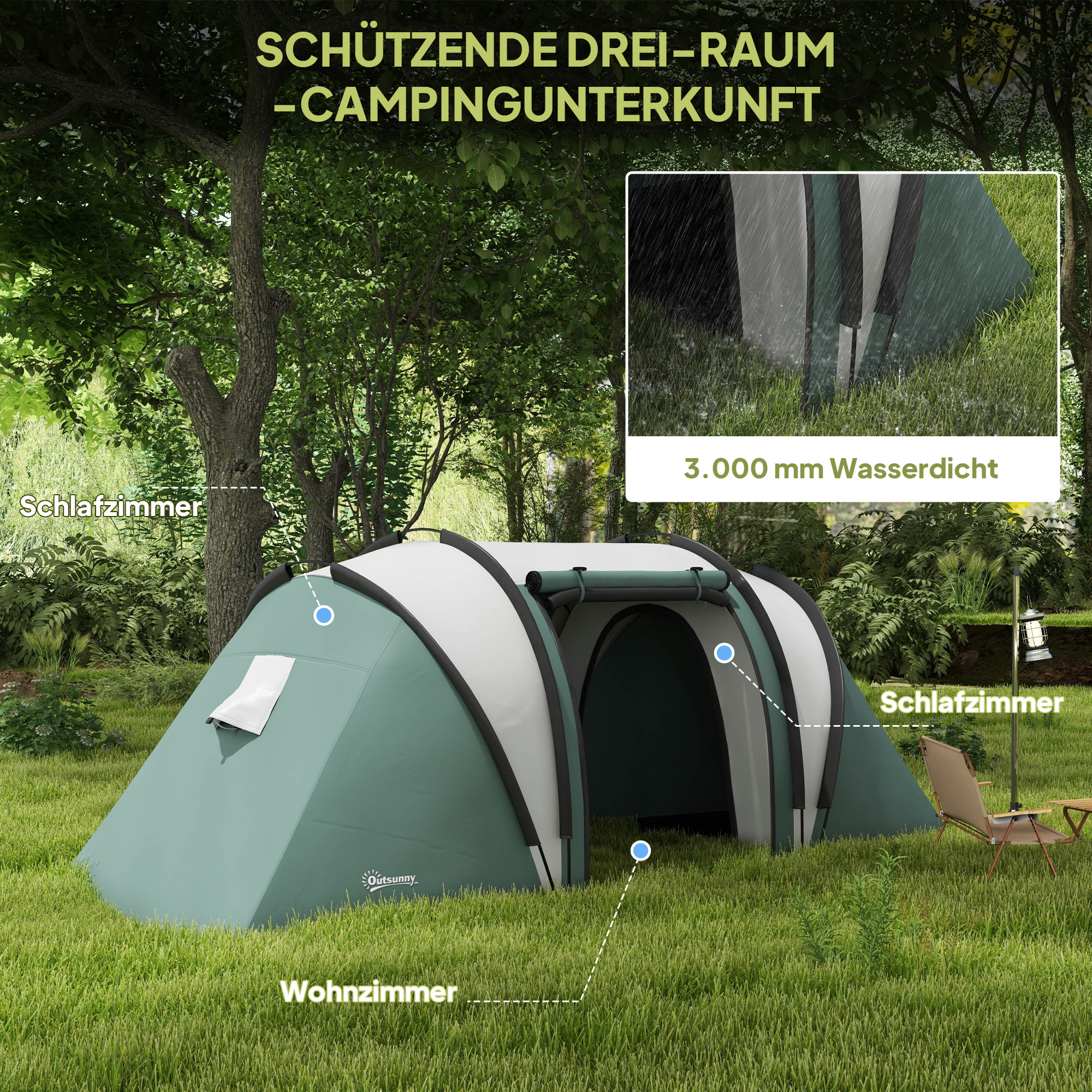 Campingzelt für 4-5 Personen leicht wasserabweisend Familienzelt mit 3 Zimmer Seitentür Fenster Dunkelgrün